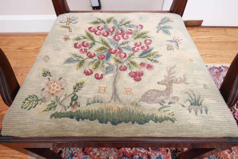 Vintage Chippendale Style Ribbon-Back Dining Chairs with Needlepoint Seats