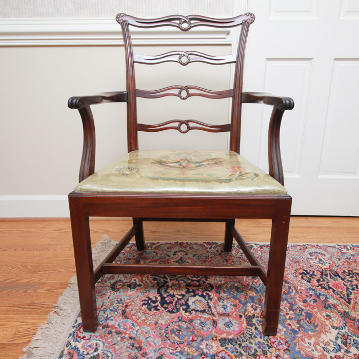 Vintage Chippendale Style Ribbon-Back Dining Chairs with Needlepoint Seats