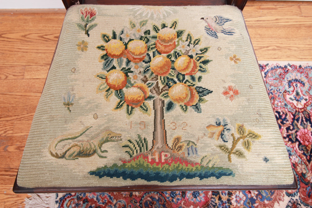 Vintage Chippendale Style Ribbon-Back Dining Chairs with Needlepoint Seats