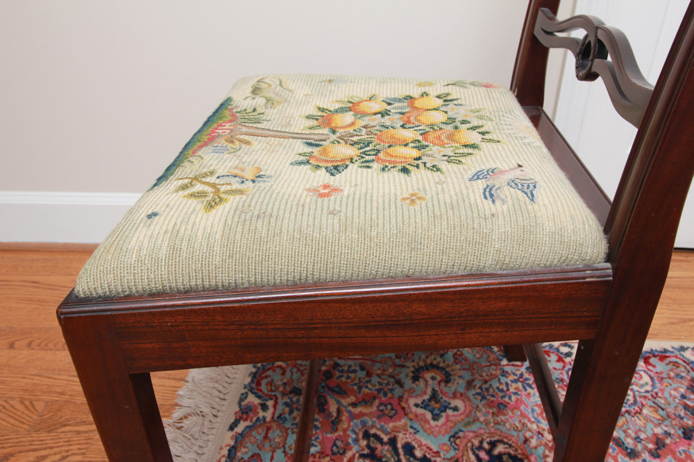 Vintage Chippendale Style Ribbon-Back Dining Chairs with Needlepoint Seats