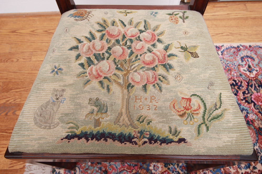 Vintage Chippendale Style Ribbon-Back Dining Chairs with Needlepoint Seats