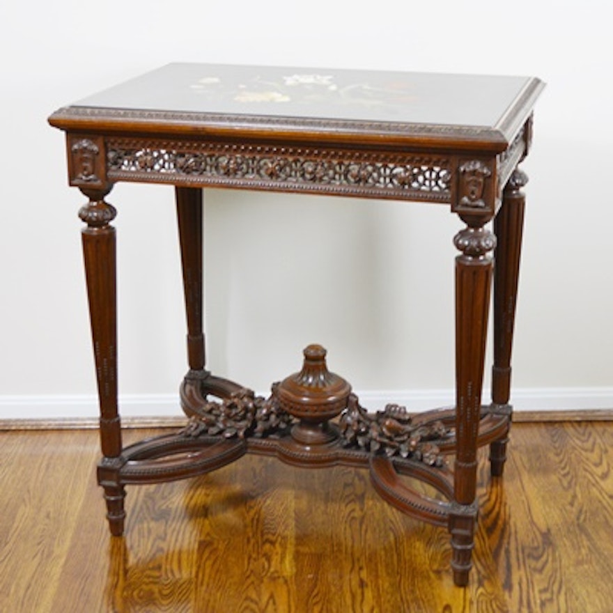 Louis XVI Style Pietra Dura Floral Walnut Side Table, Circa 1920s