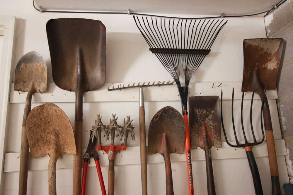 Yardwork Tools Including Shovels and Rakes