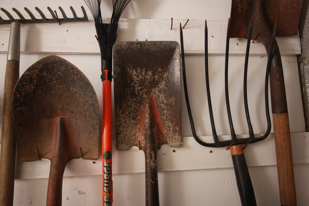 Yardwork Tools Including Shovels and Rakes