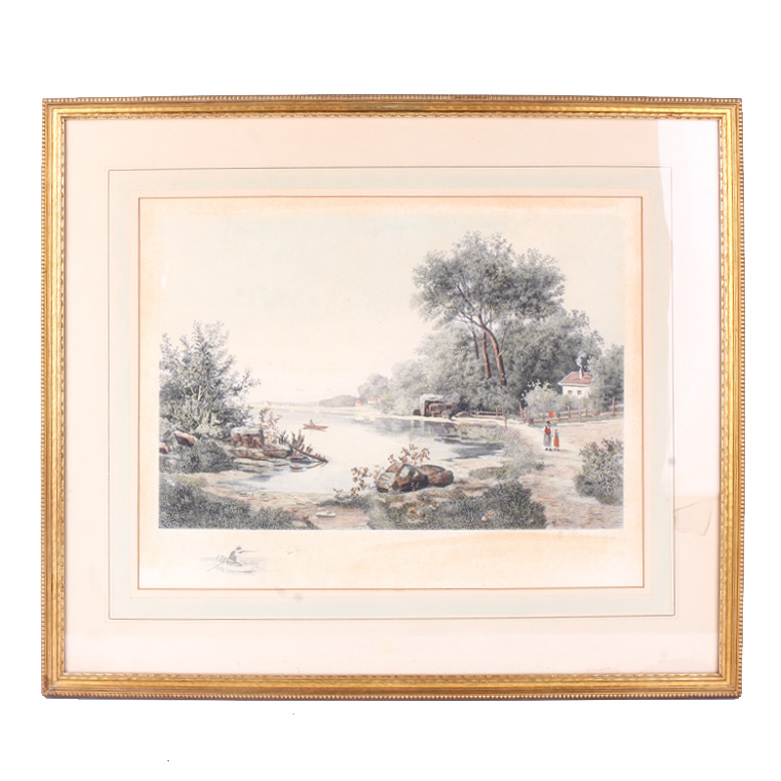 B. Grable Vintage Engraving on Paper "Hunting Scene"
