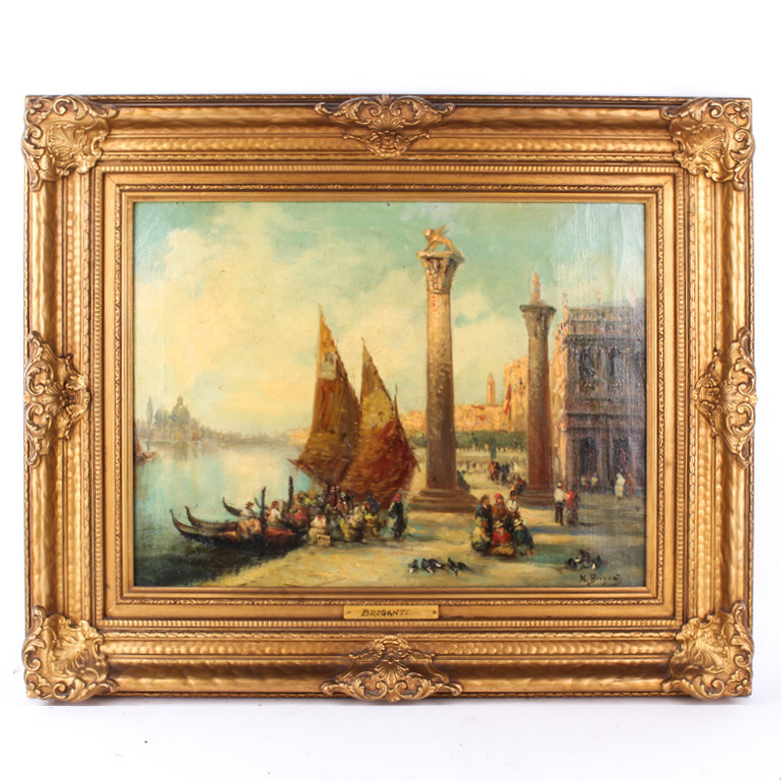 Nicholas Briganti Italian Harbor Scene Oil Painting on Canvas