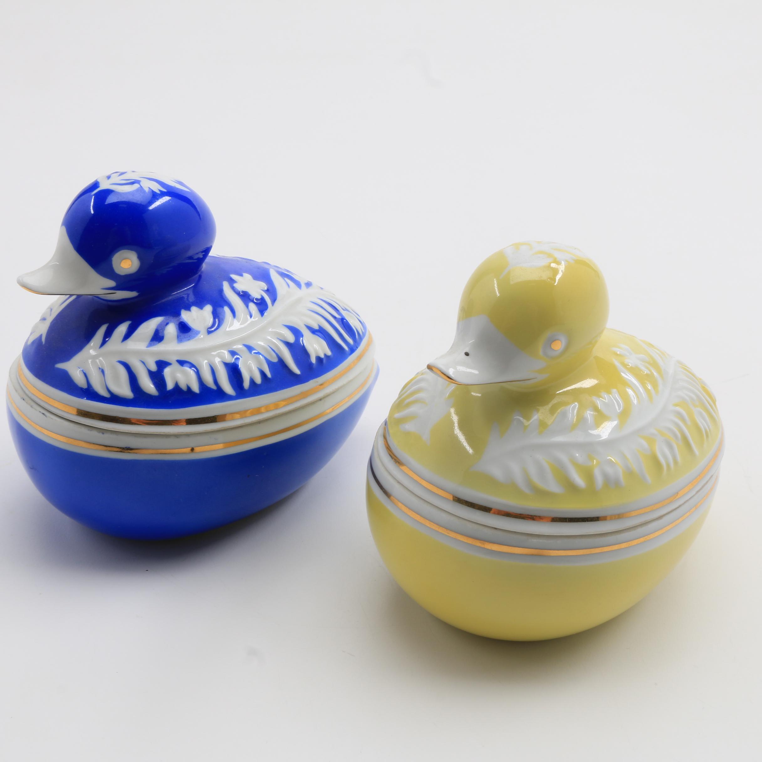 Two Hollohaza Porcelain Duck Trinket Boxes