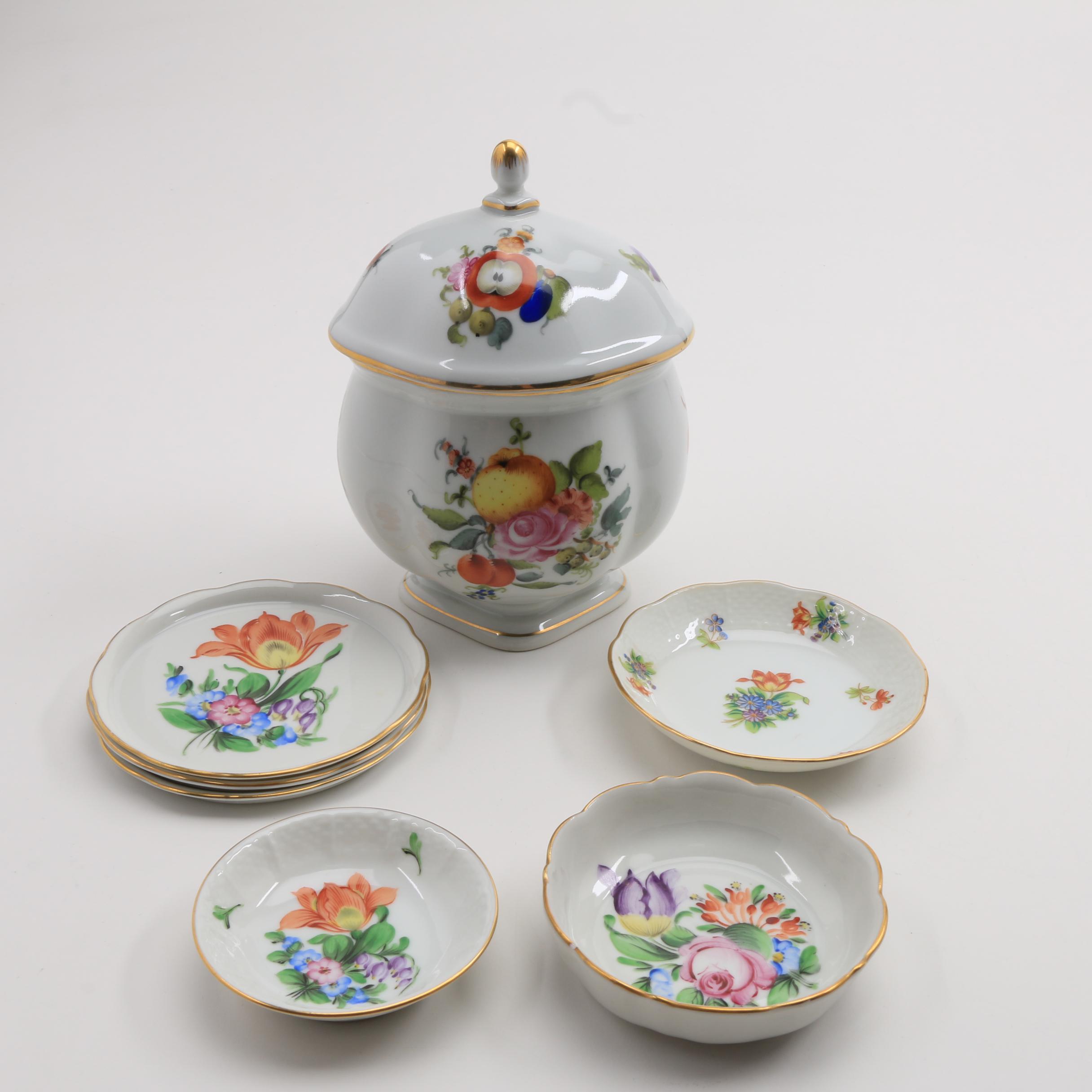 Herend Porcelain Covered Pot, Butter Pat and Salt Dishes