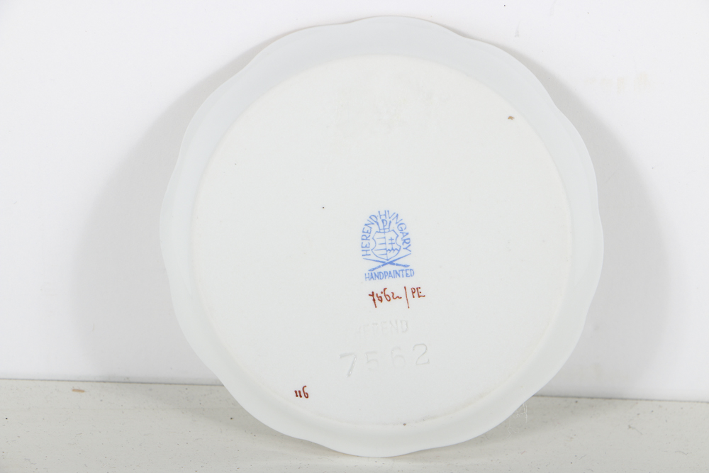 Twelve Herend Porcelain Butter Pats In Glass Top Display Case