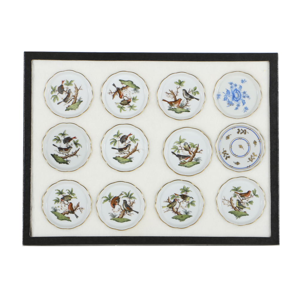 Twelve Herend Porcelain Butter Pats In Glass Top Display Case
