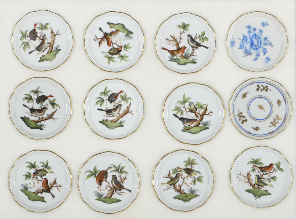 Twelve Herend Porcelain Butter Pats In Glass Top Display Case