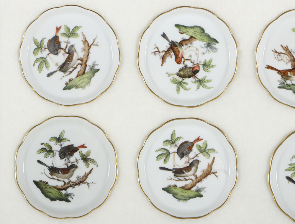 Twelve Herend Porcelain Butter Pats In Glass Top Display Case