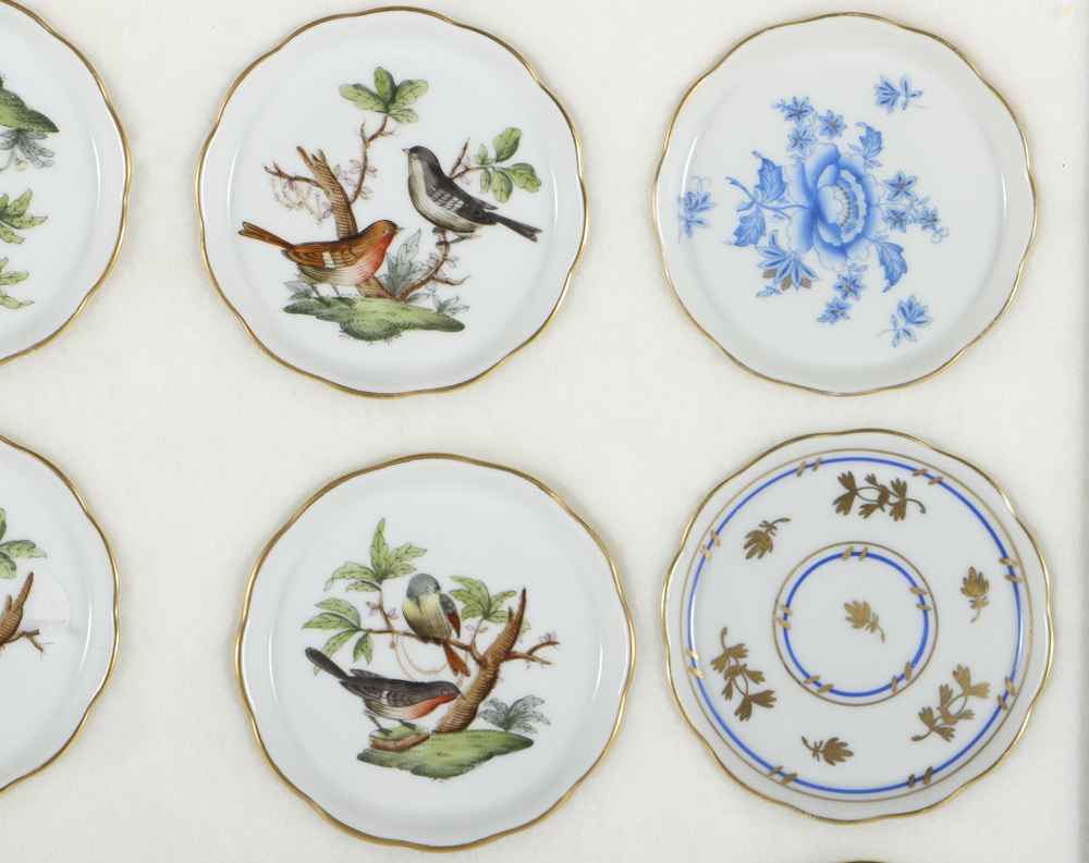 Twelve Herend Porcelain Butter Pats In Glass Top Display Case