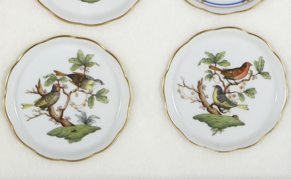 Twelve Herend Porcelain Butter Pats In Glass Top Display Case