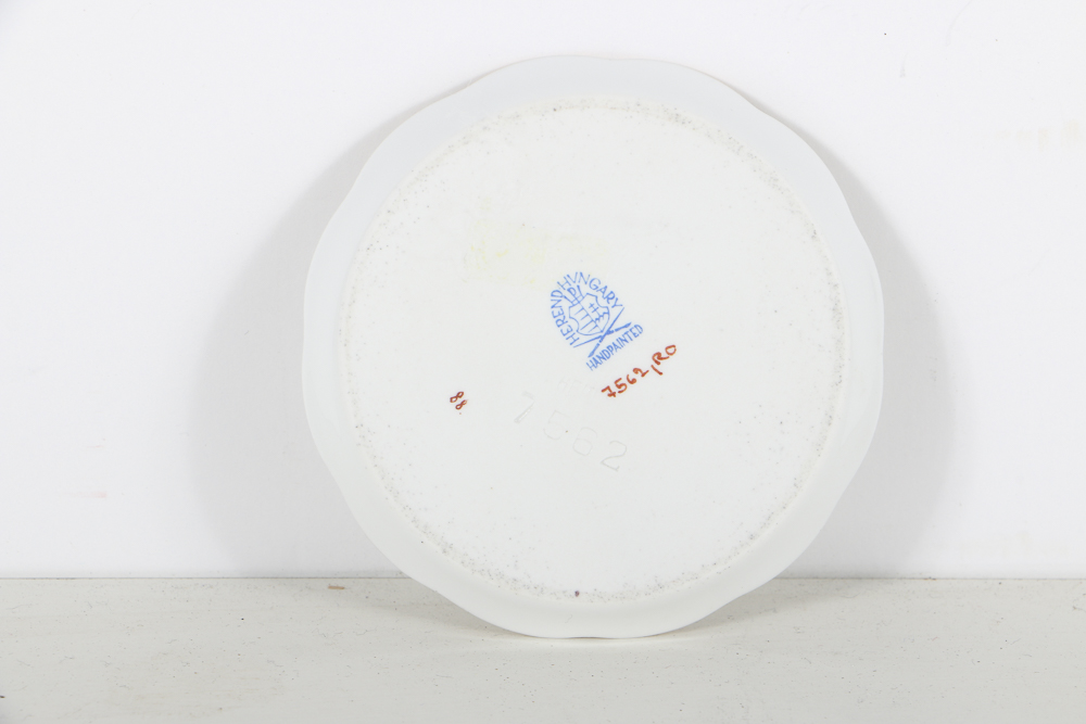 Twelve Herend Porcelain Butter Pats In Glass Top Display Case