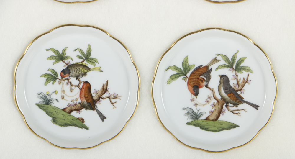 Twelve Herend Porcelain Butter Pats In Glass Top Display Case