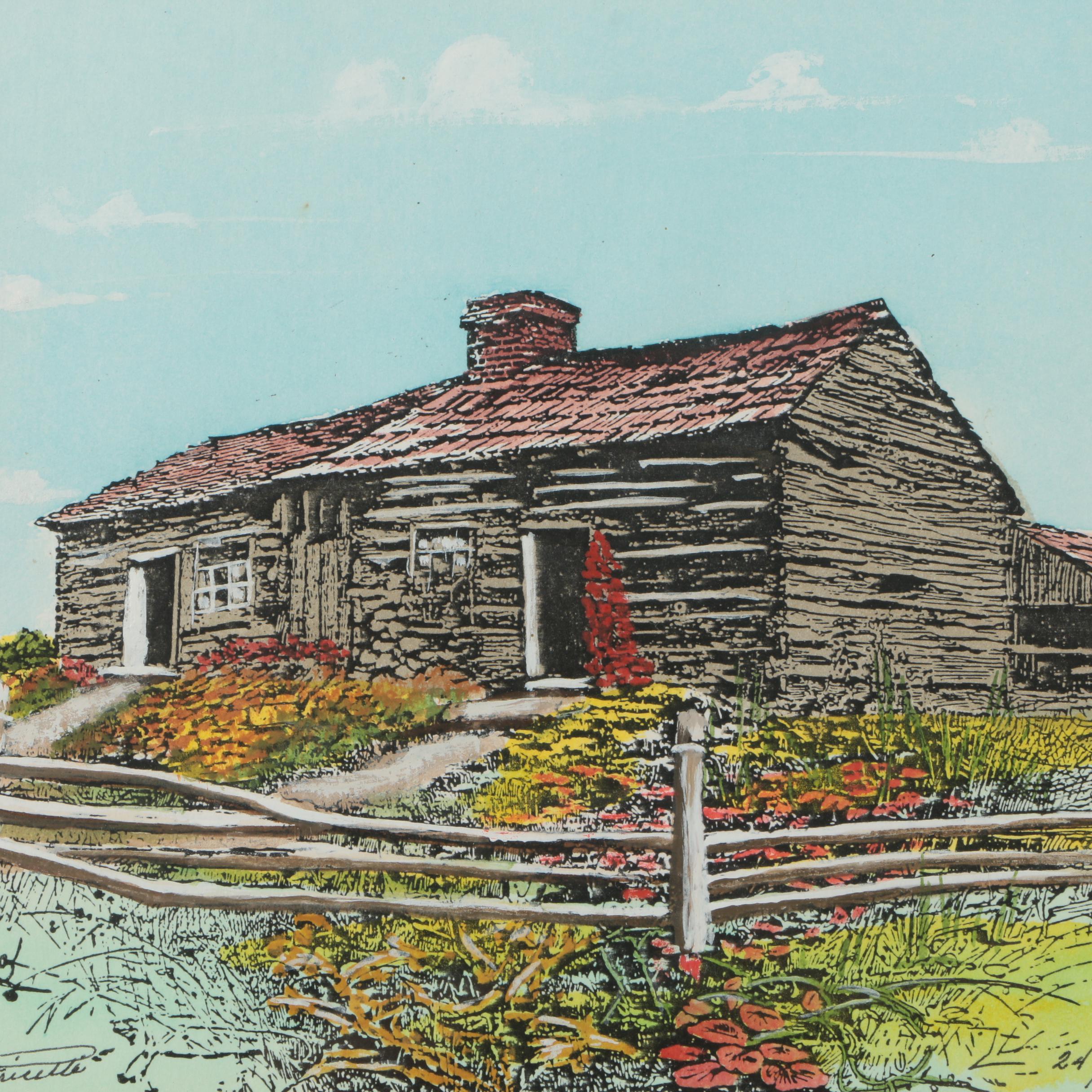 Signed Limited Edition Hand-Colored Planographic Print of Cabin