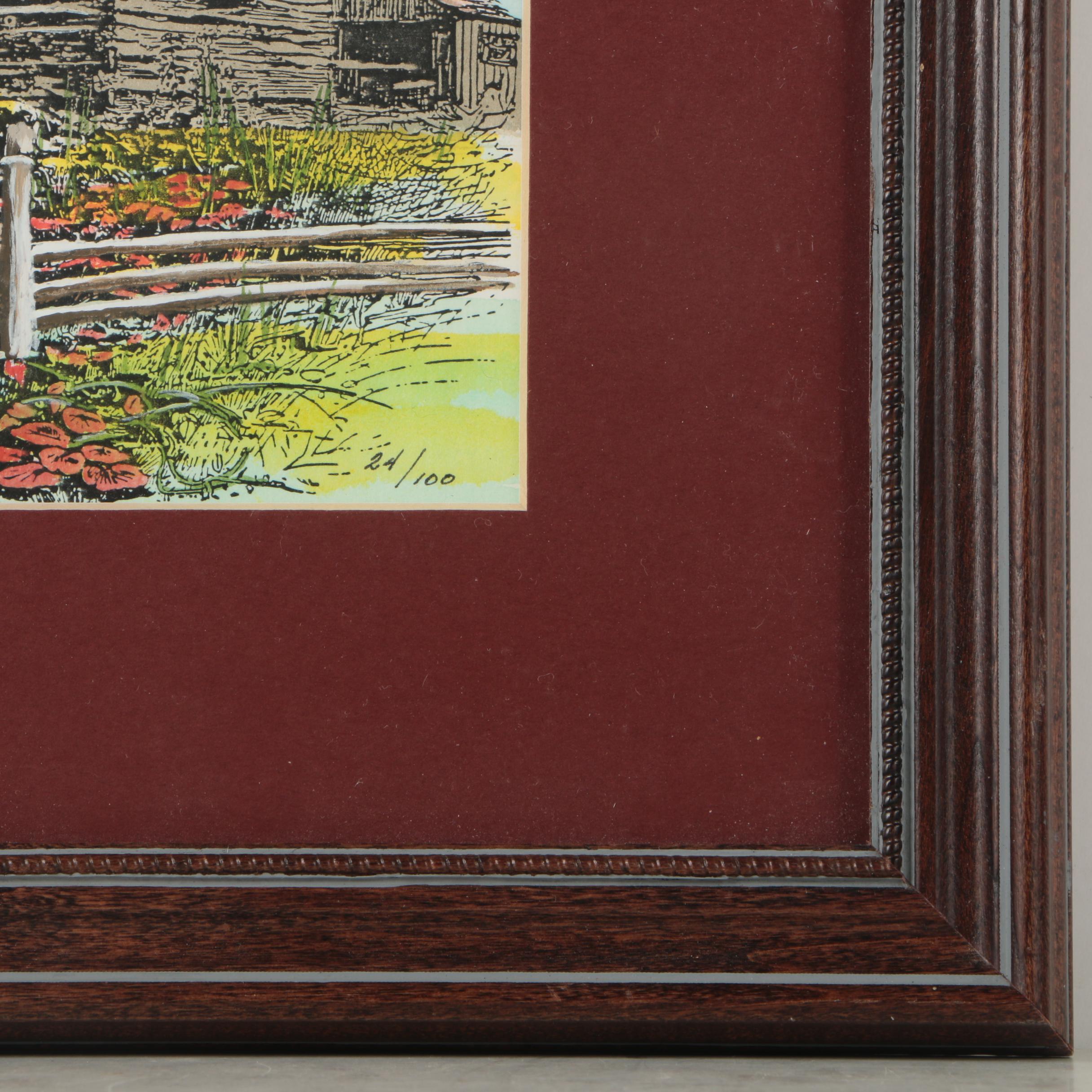 Signed Limited Edition Hand-Colored Planographic Print of Cabin