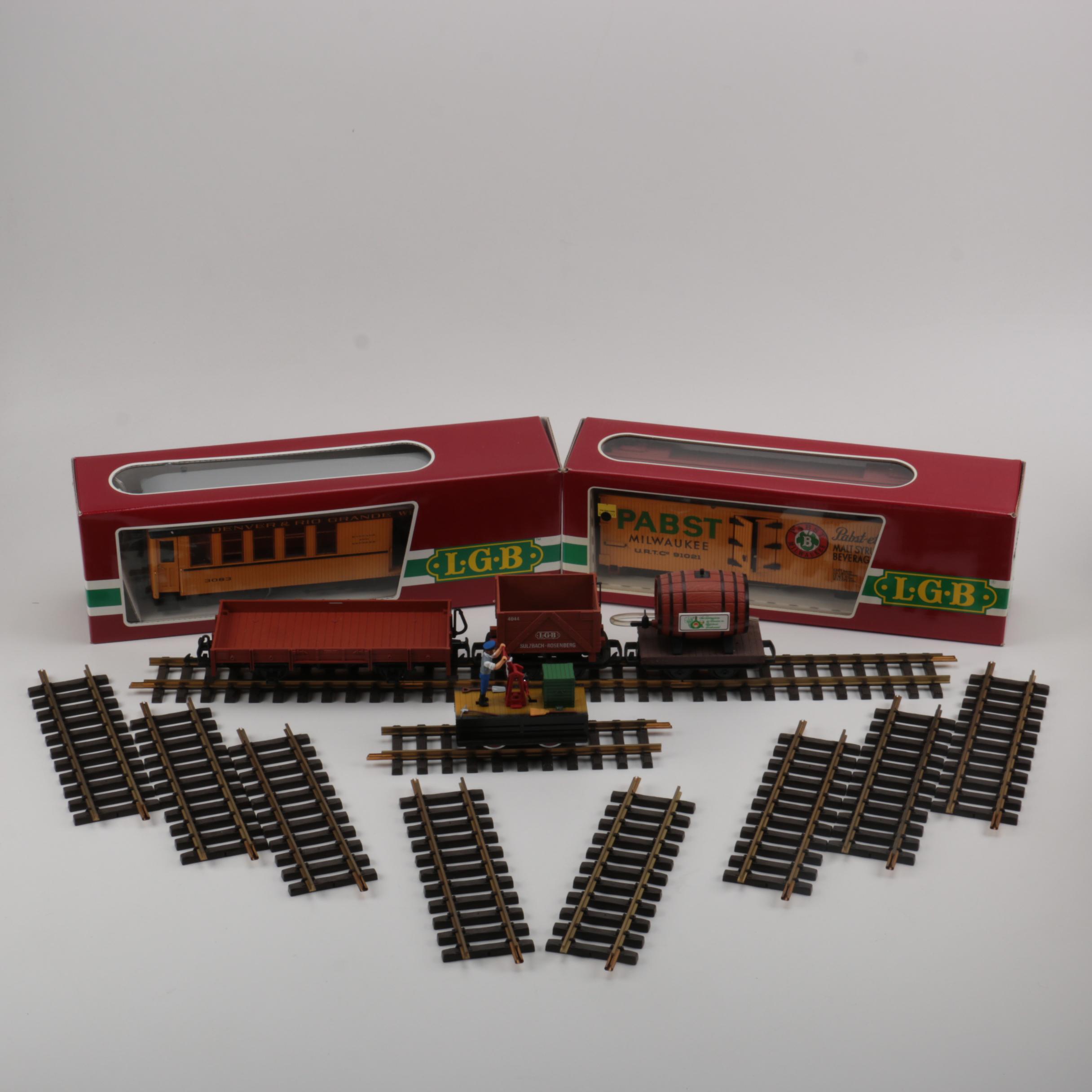 Collection of LGB Model Train Cars and Track