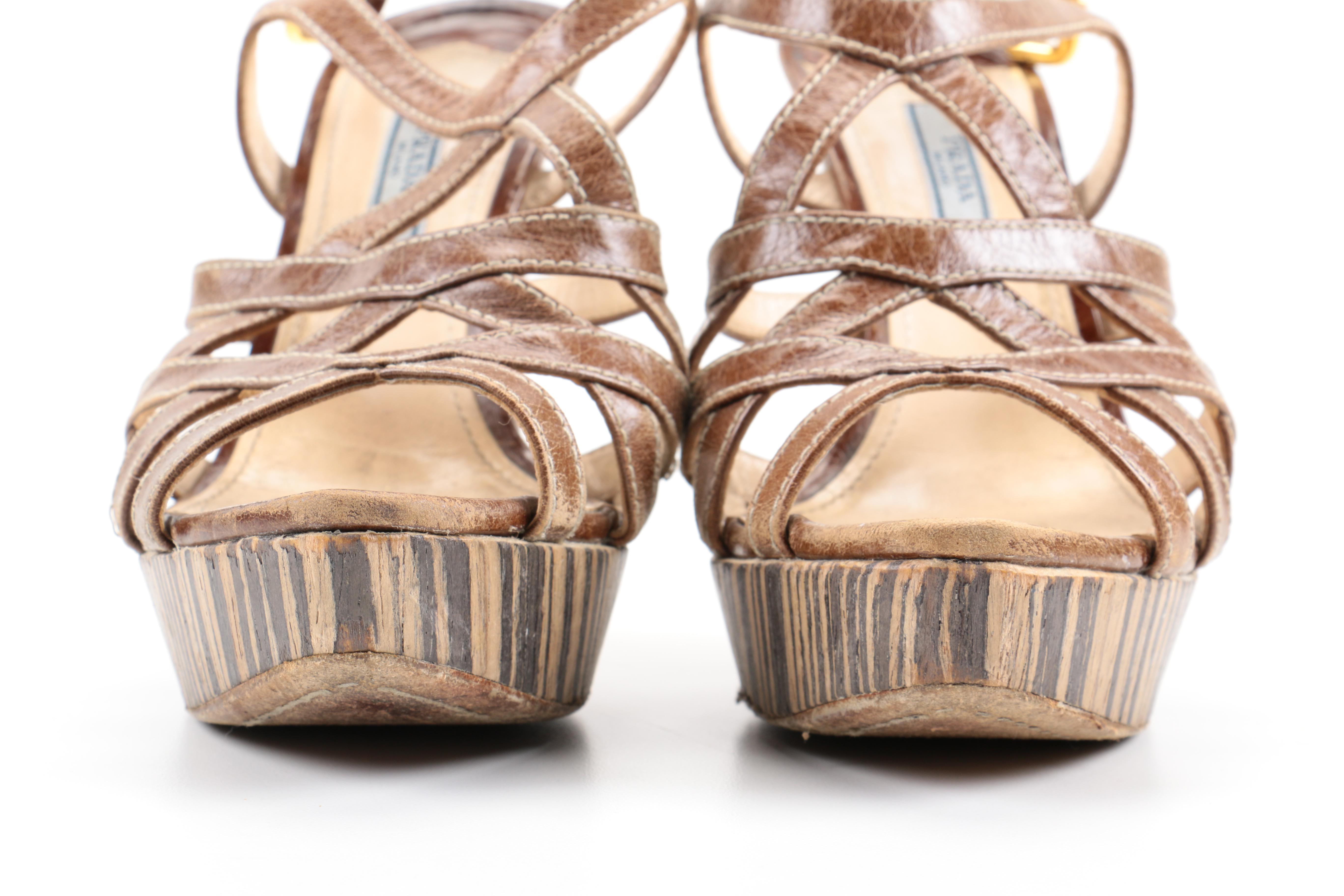 Prada Striped Wood Strappy Sandals