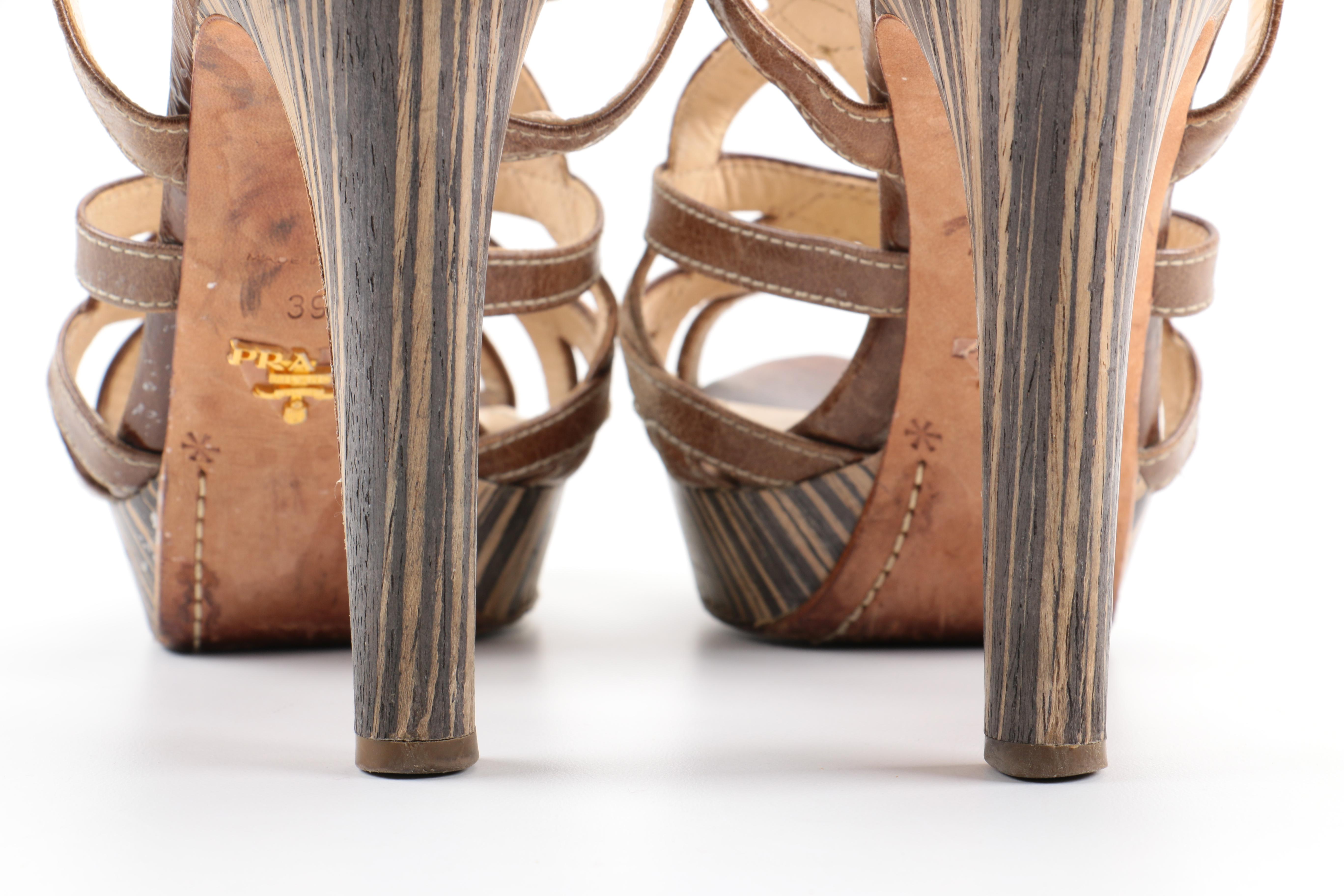 Prada Striped Wood Strappy Sandals