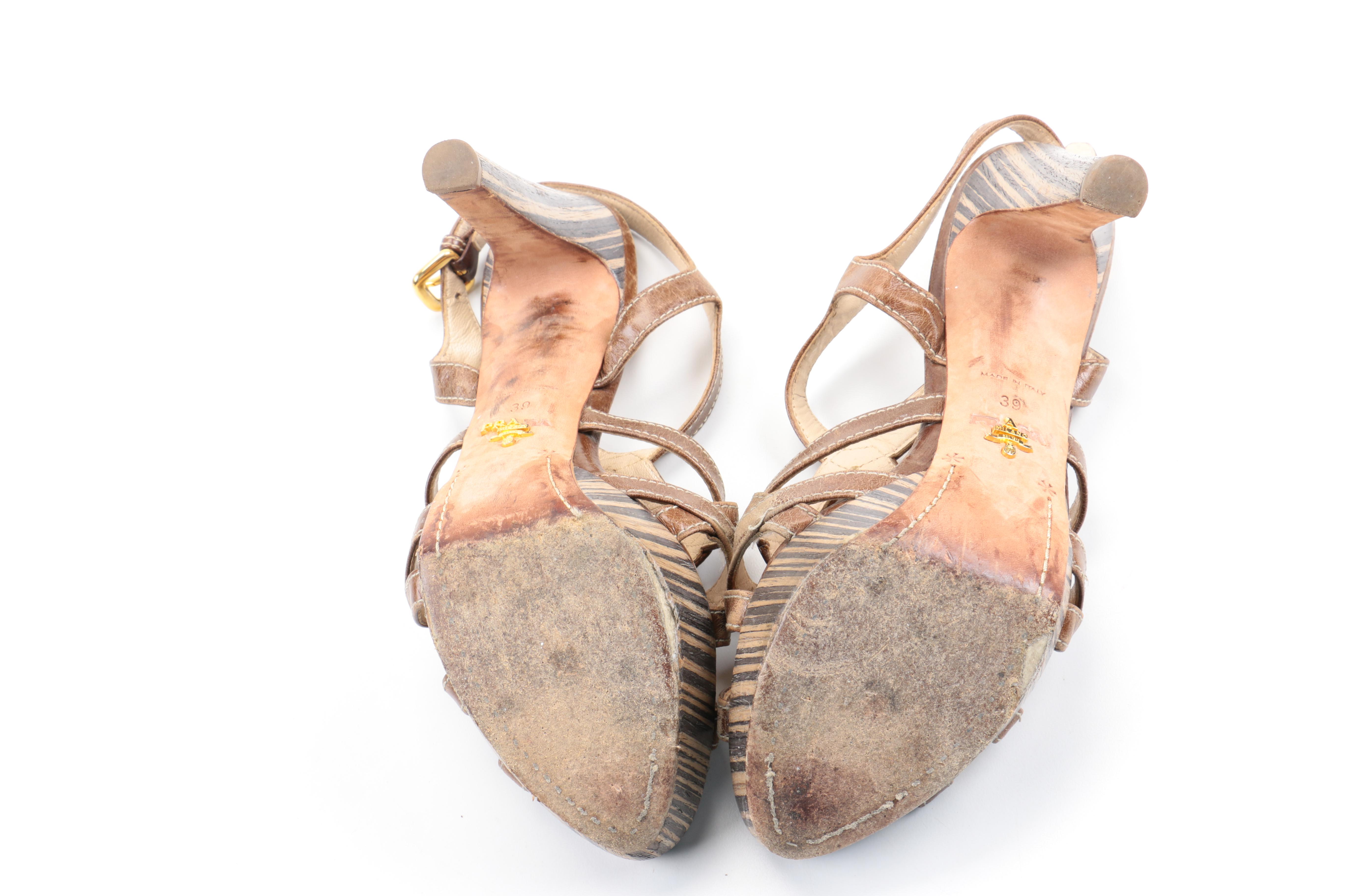 Prada Striped Wood Strappy Sandals