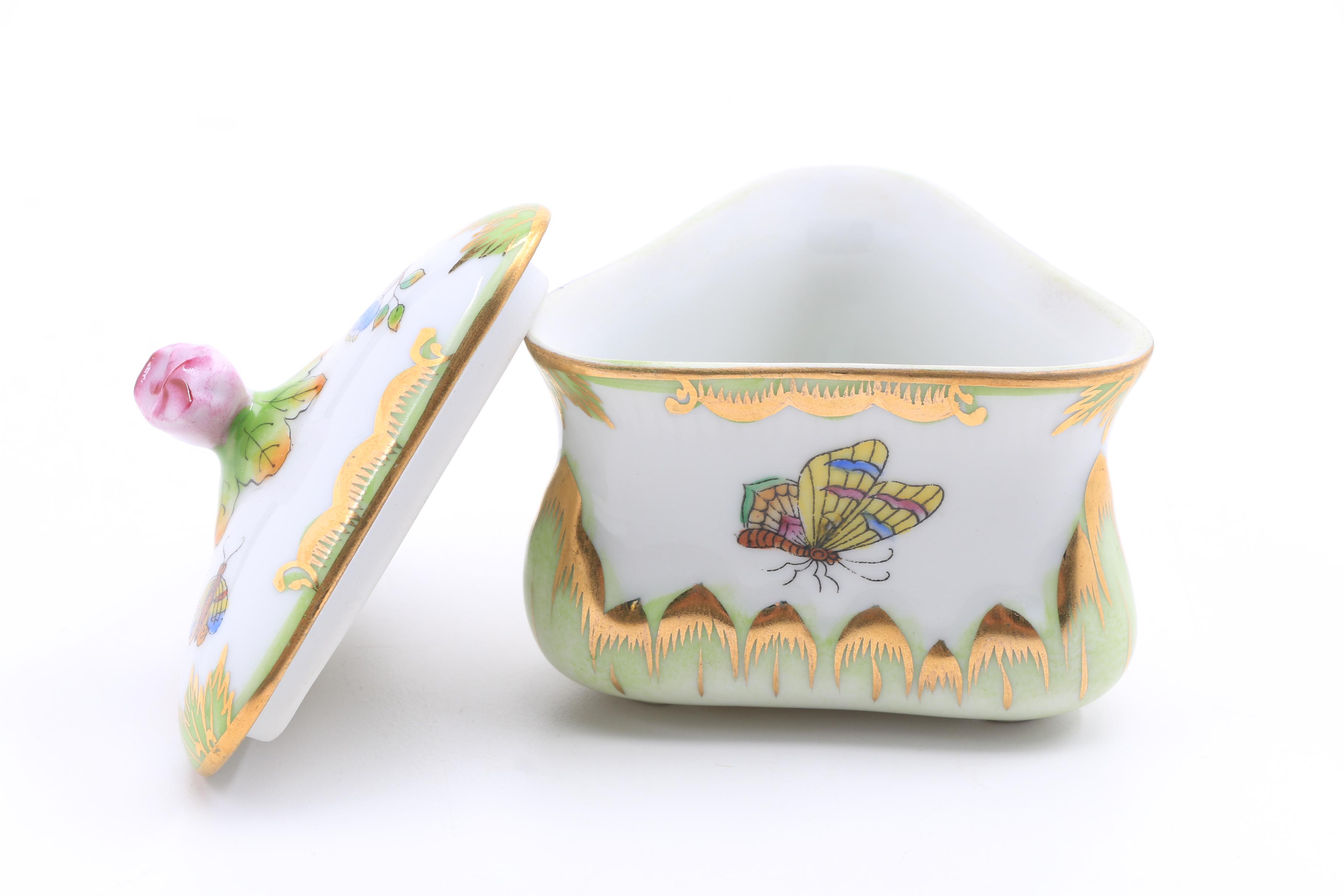 Herend Hand Painted Covered Box, Covered Triangular Box and Boot