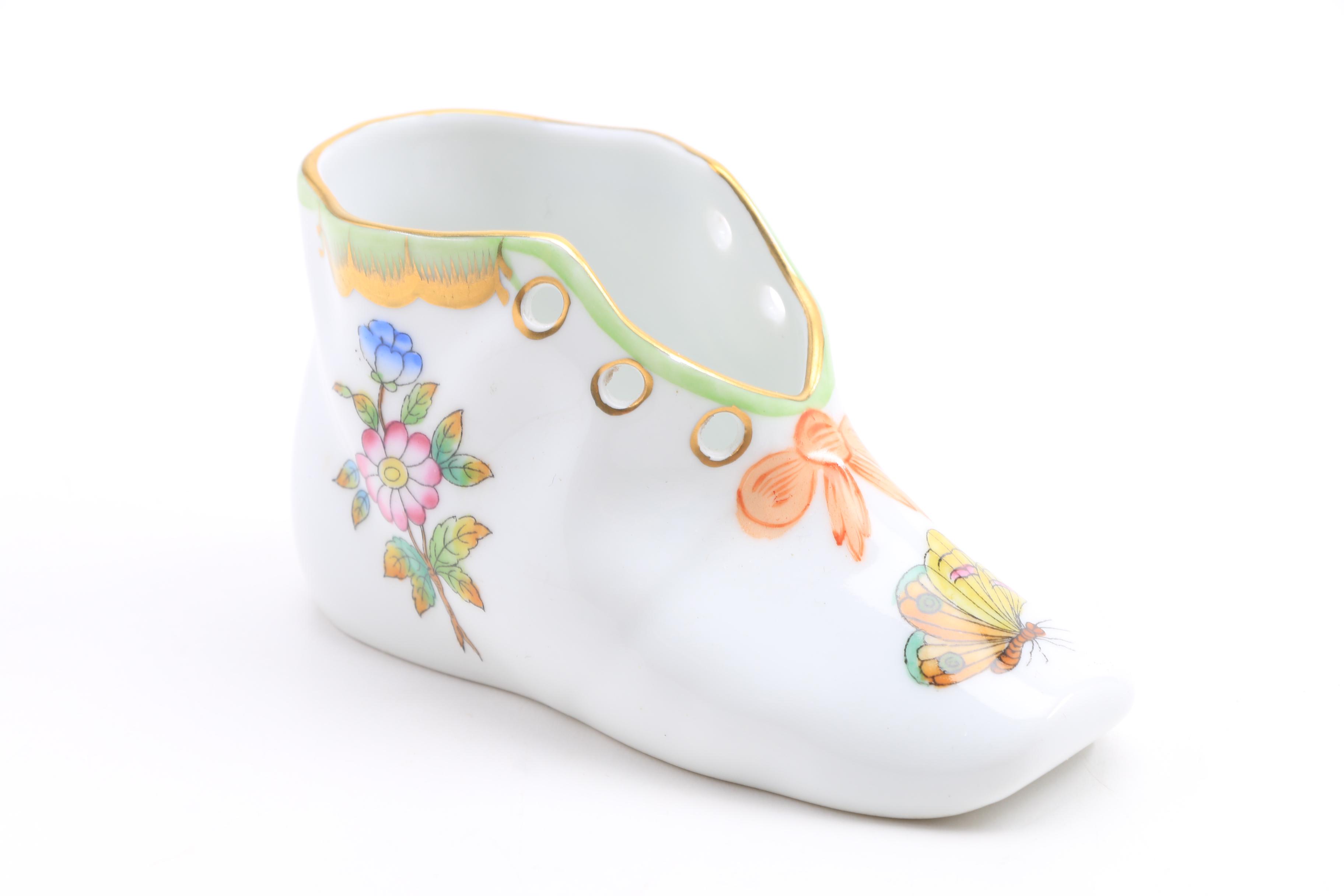 Herend Hand Painted Covered Box, Covered Triangular Box and Boot