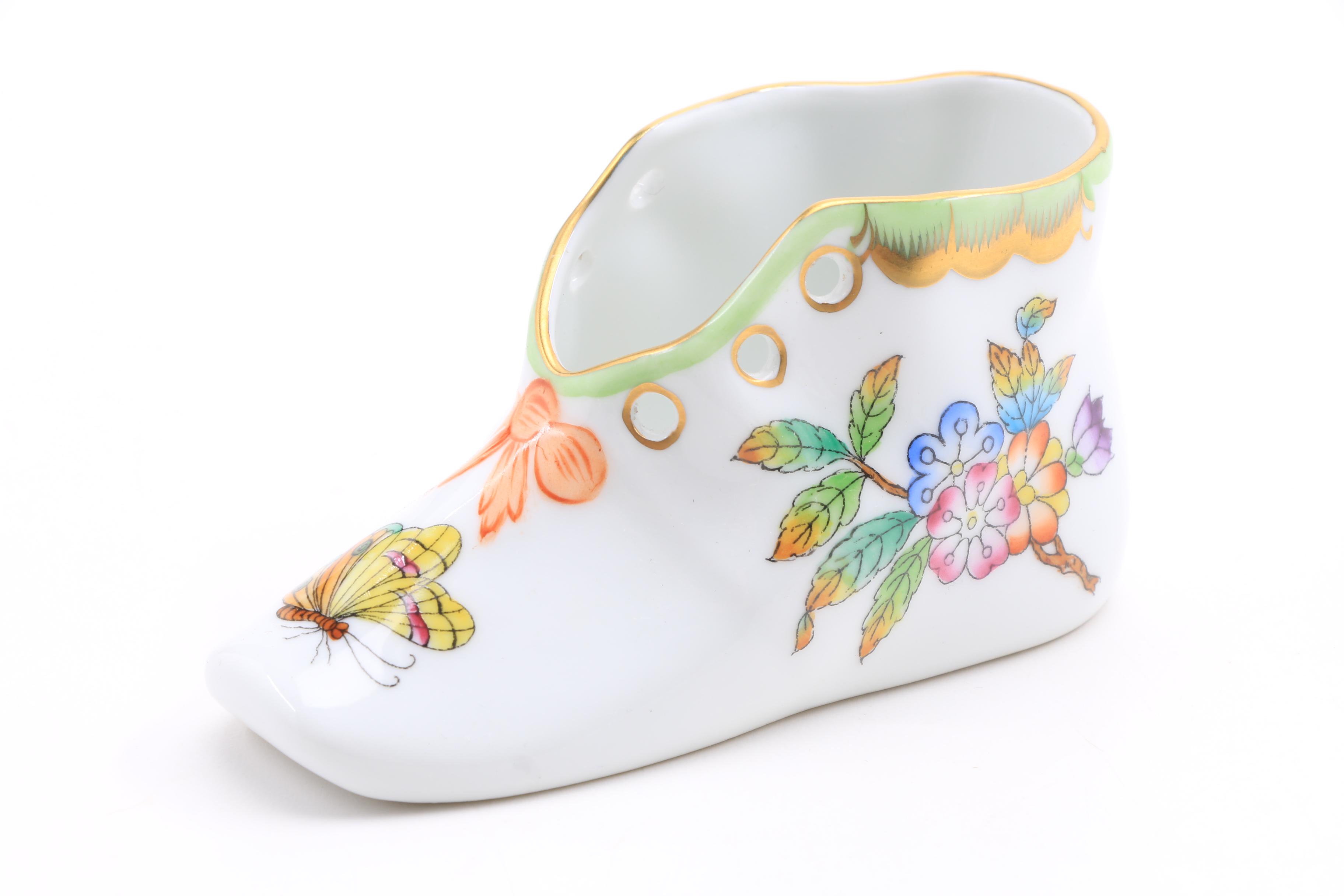 Herend Hand Painted Covered Box, Covered Triangular Box and Boot