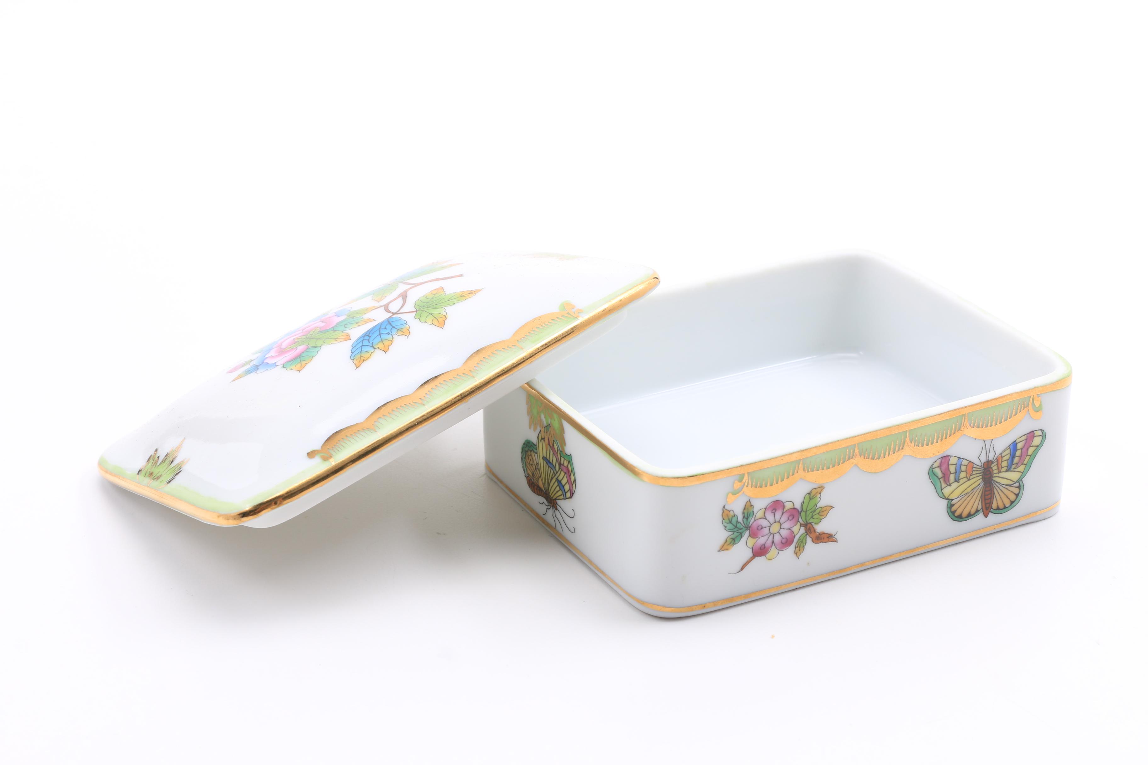 Herend Hand Painted Covered Box, Covered Triangular Box and Boot