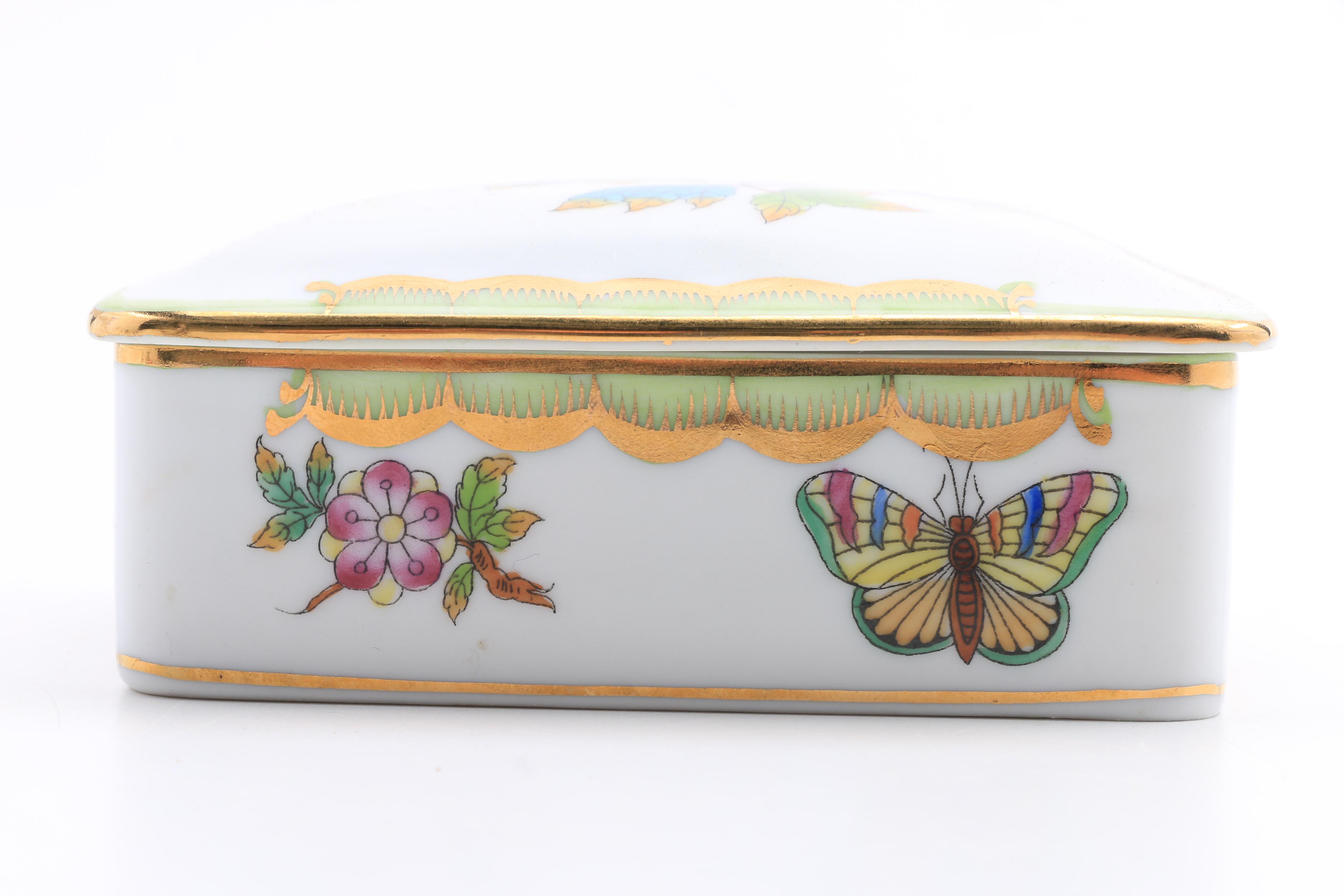 Herend Hand Painted Covered Box, Covered Triangular Box and Boot