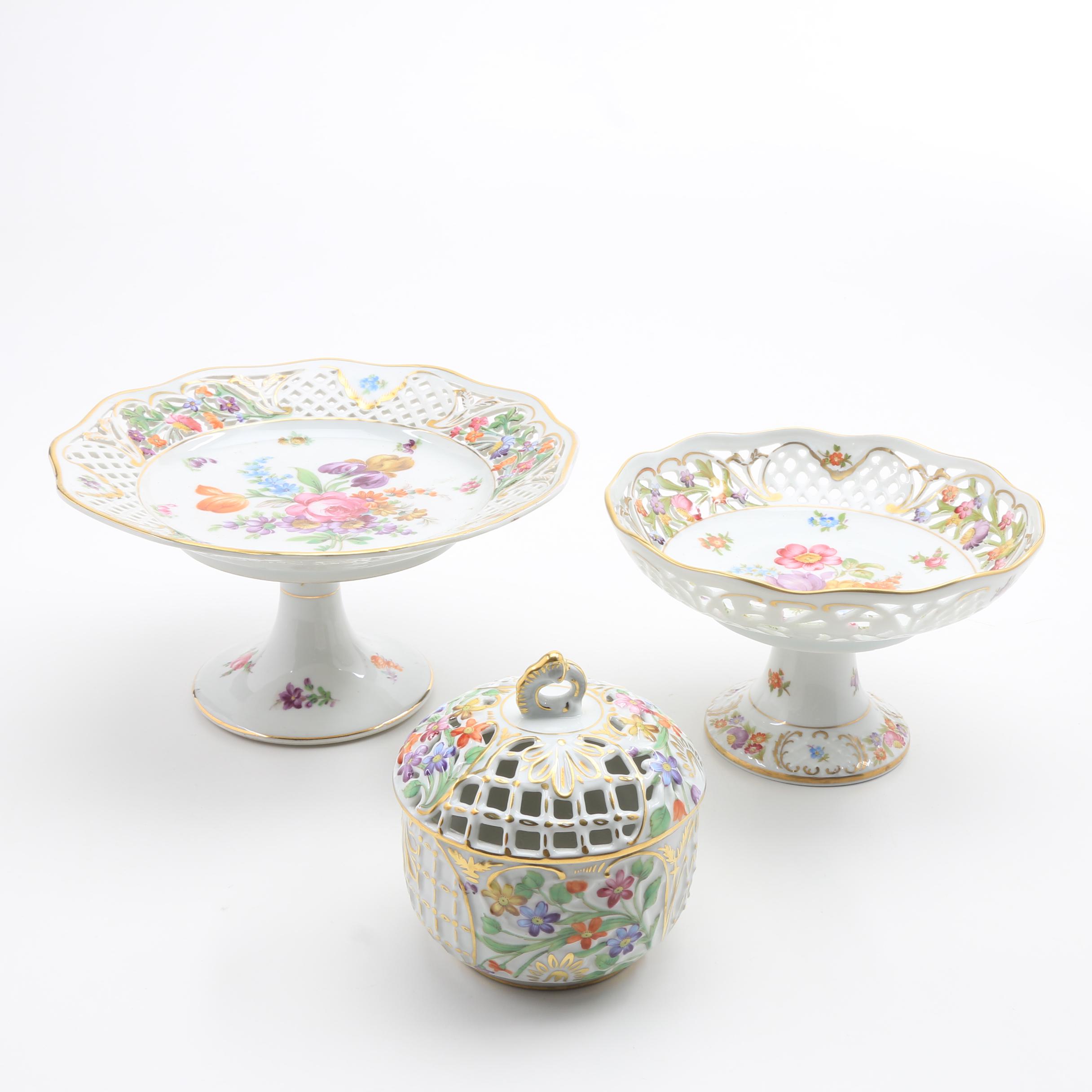 Schuman Bavarian Porcelain, "Chateau Bouquet" Compotes and Pot