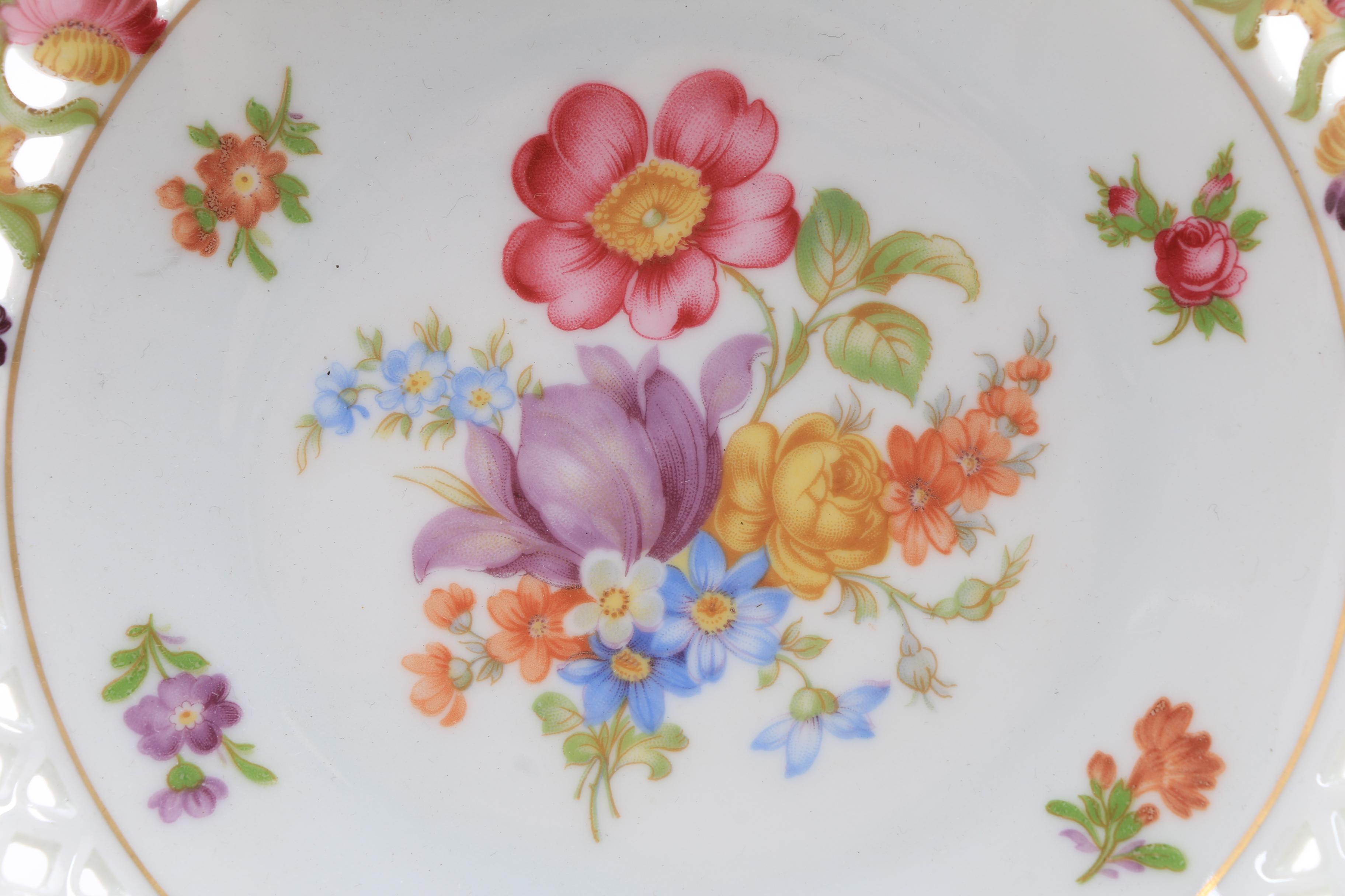 Schuman Bavarian Porcelain, "Chateau Bouquet" Compotes and Pot
