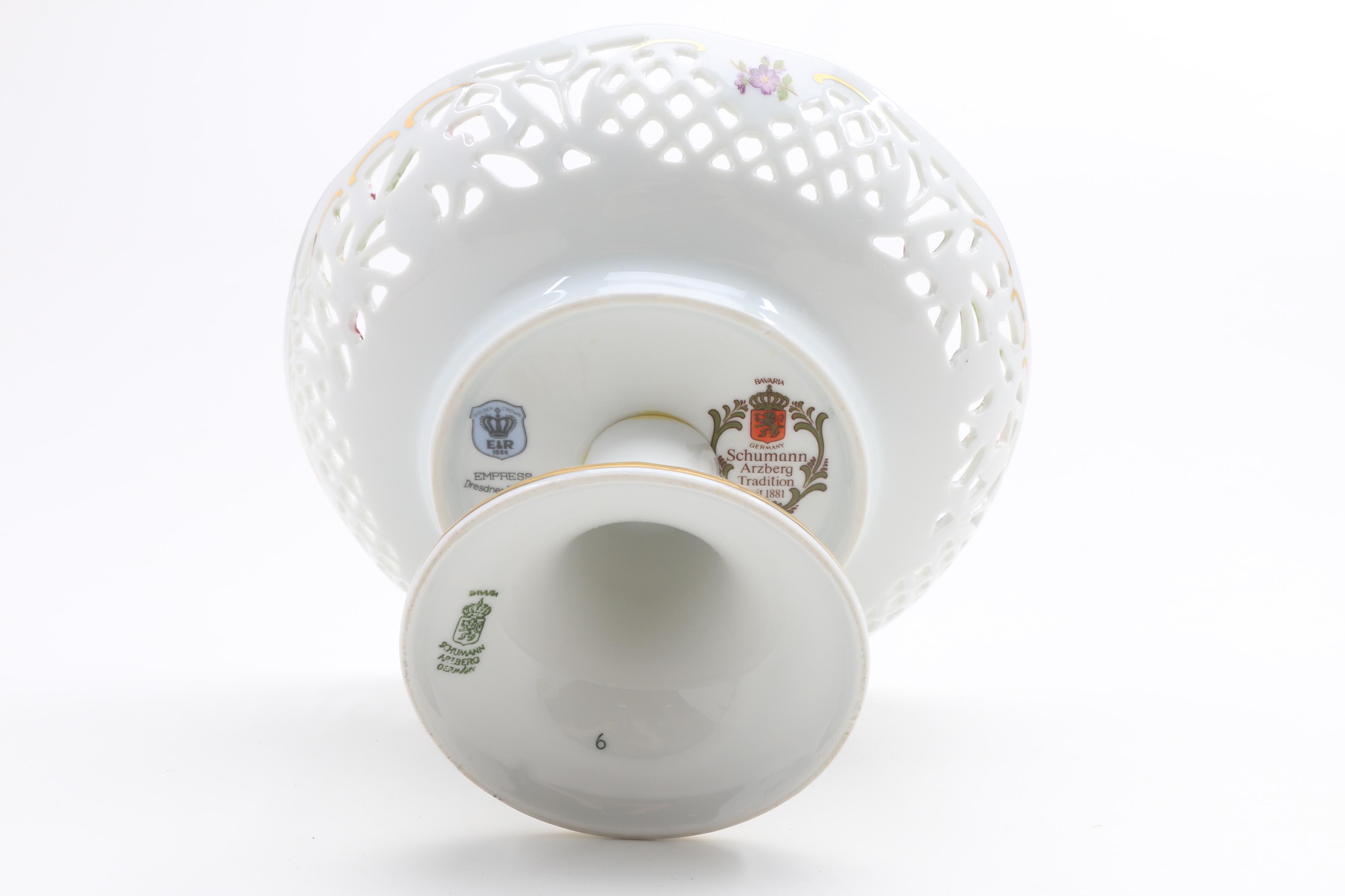 Schuman Bavarian Porcelain, "Chateau Bouquet" Compotes and Pot