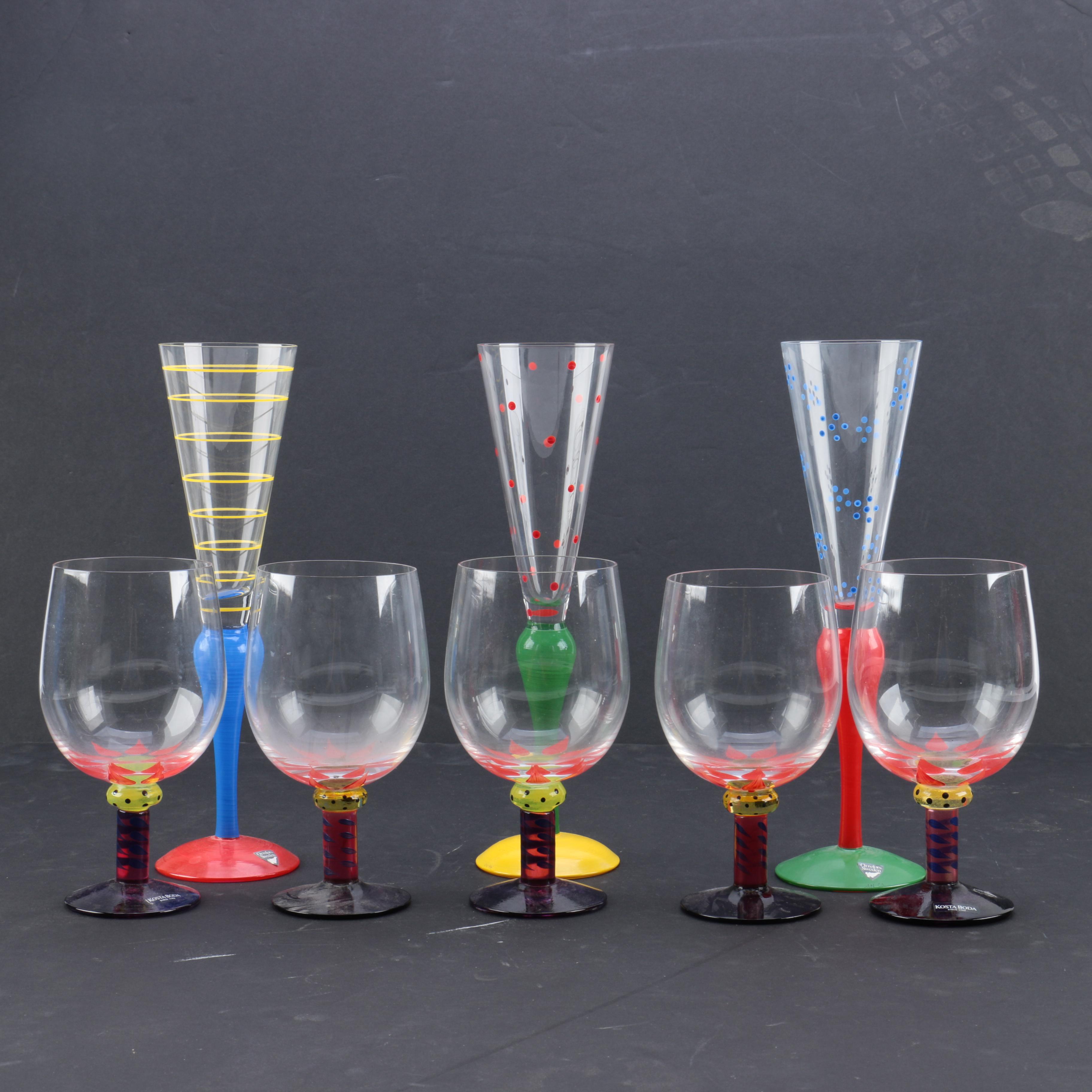 Kosta Boda "Palm Tree" Goblets and Orrefors "Clown" Champagne Flutes