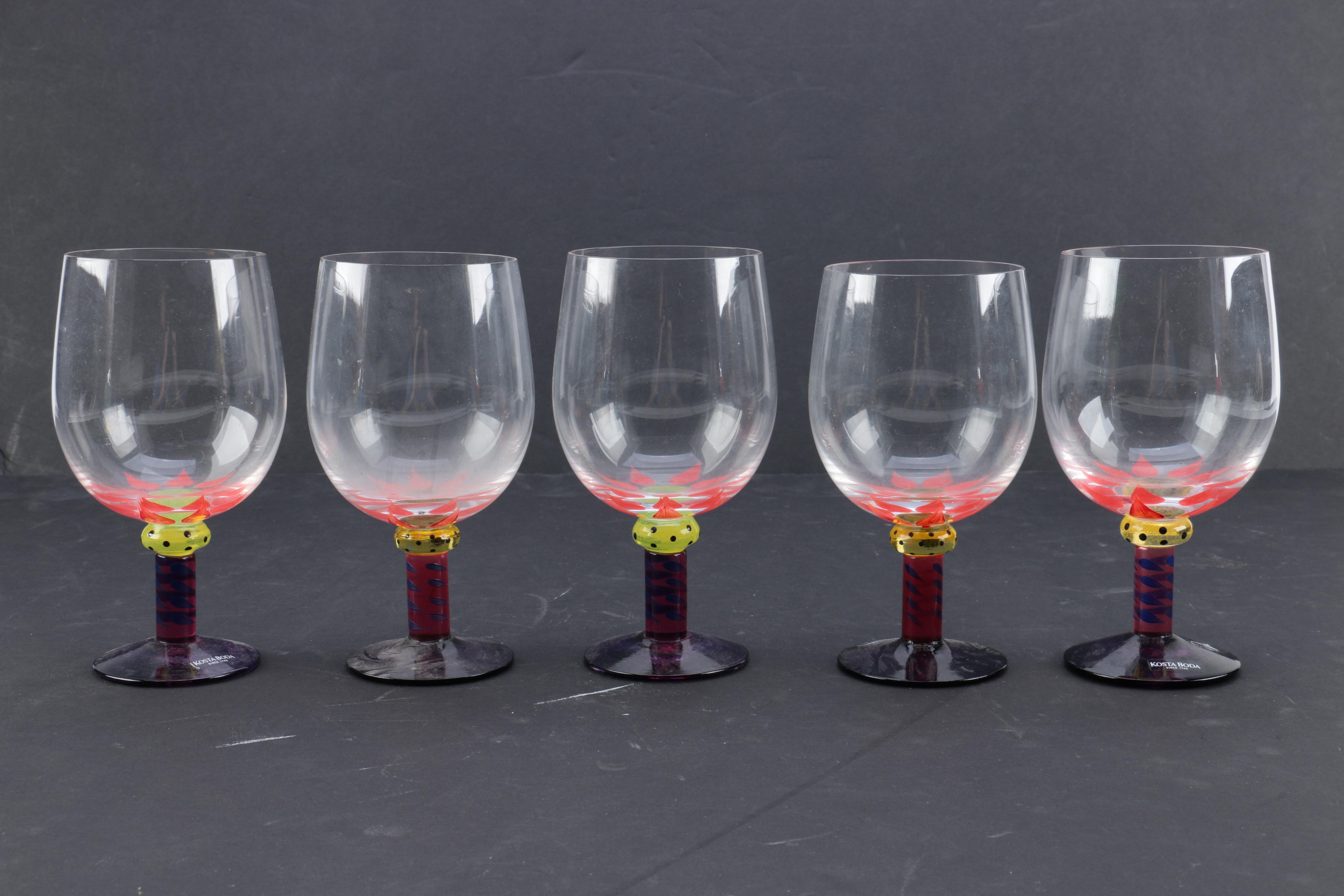 Kosta Boda "Palm Tree" Goblets and Orrefors "Clown" Champagne Flutes