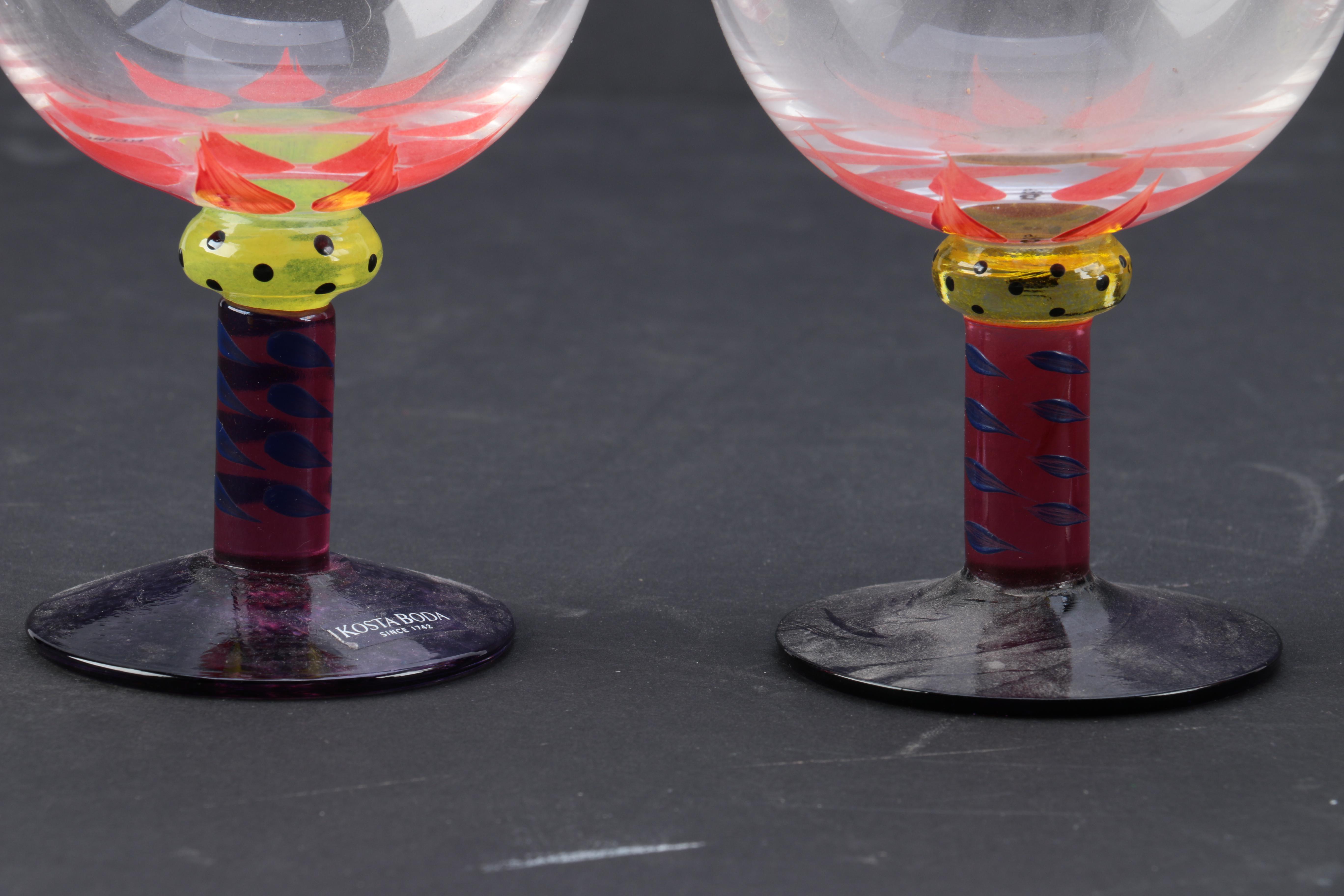 Kosta Boda "Palm Tree" Goblets and Orrefors "Clown" Champagne Flutes