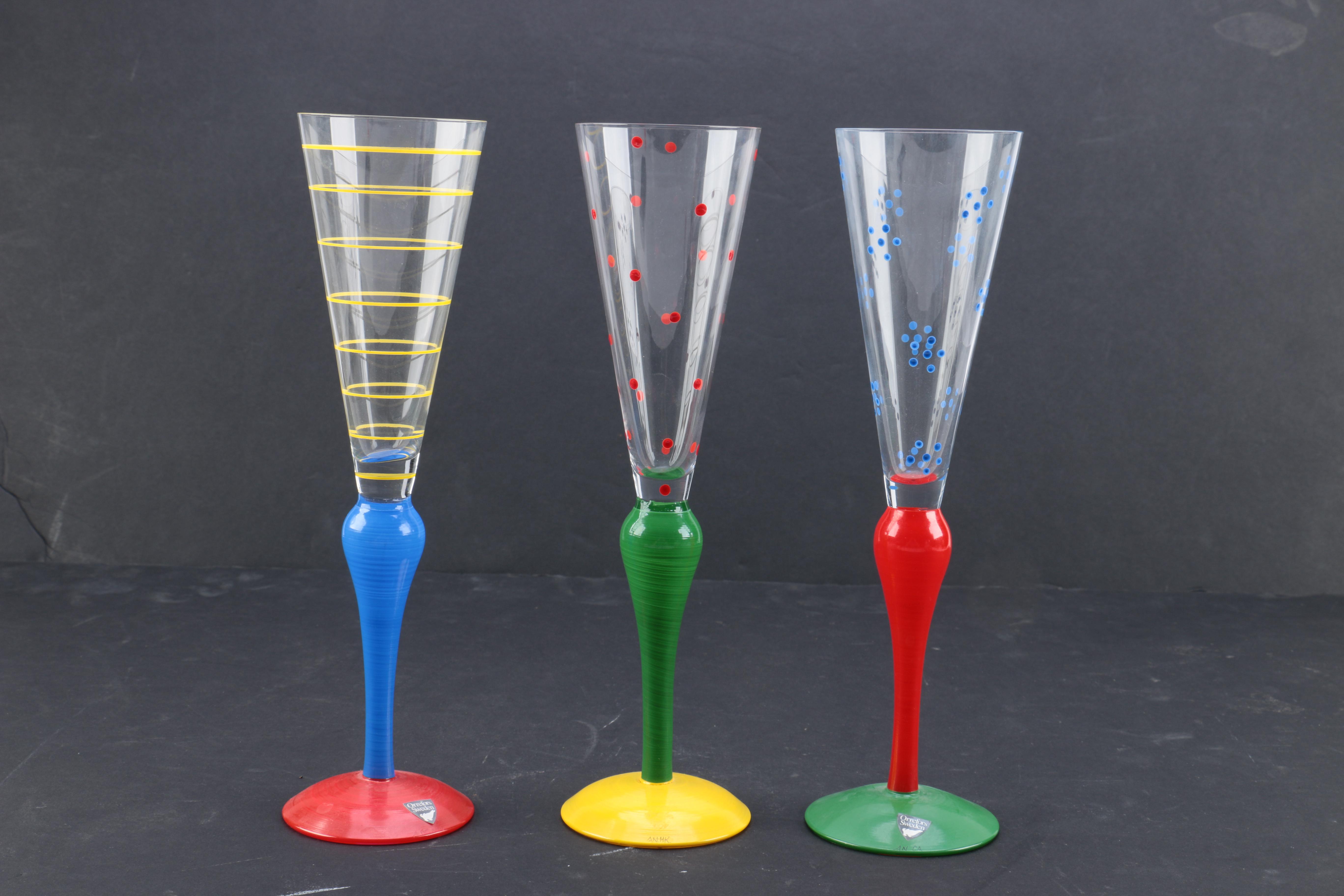 Kosta Boda "Palm Tree" Goblets and Orrefors "Clown" Champagne Flutes