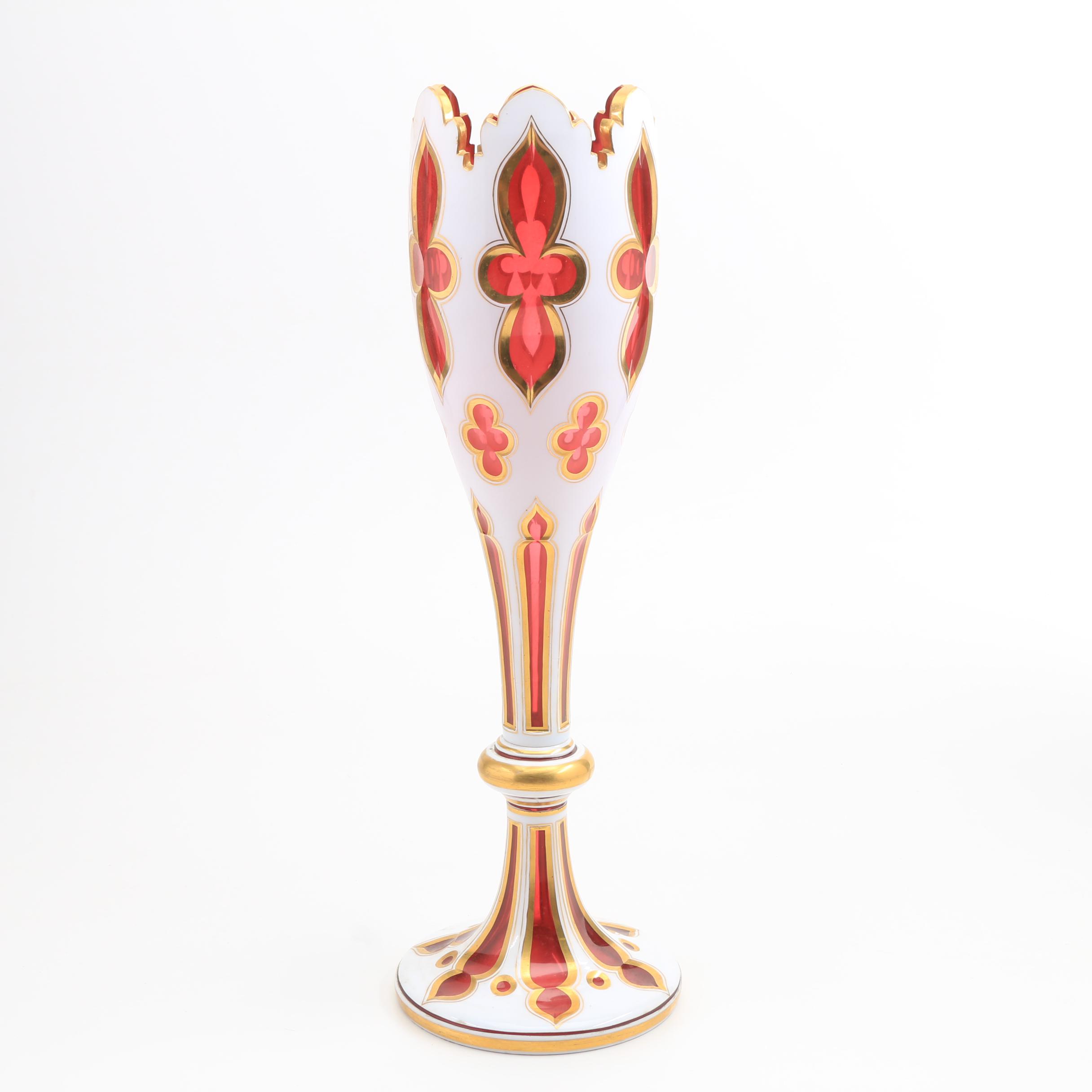 Bohemian Glass White Cut to Cranberry Cased Glass Vase