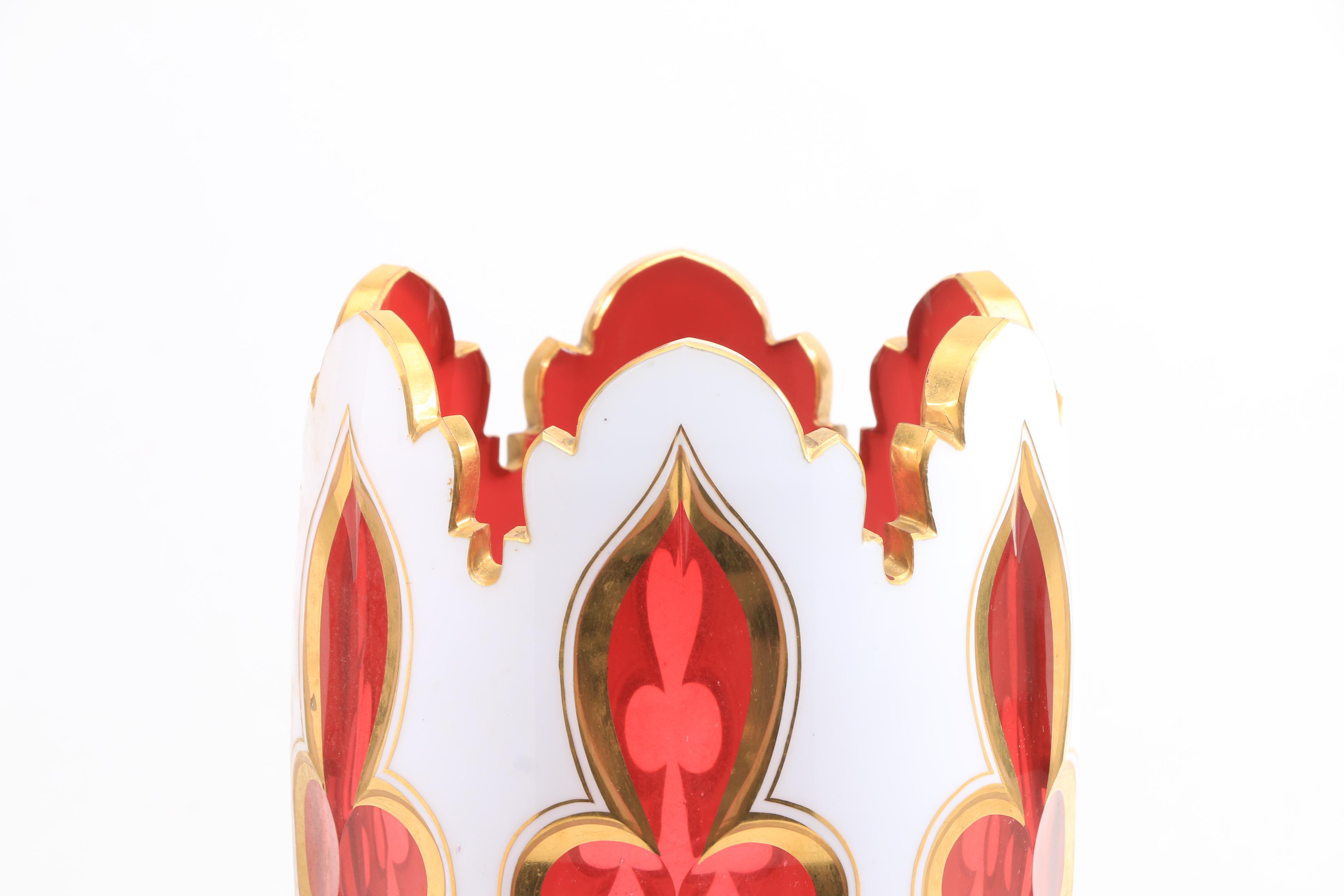 Bohemian Glass White Cut to Cranberry Cased Glass Vase