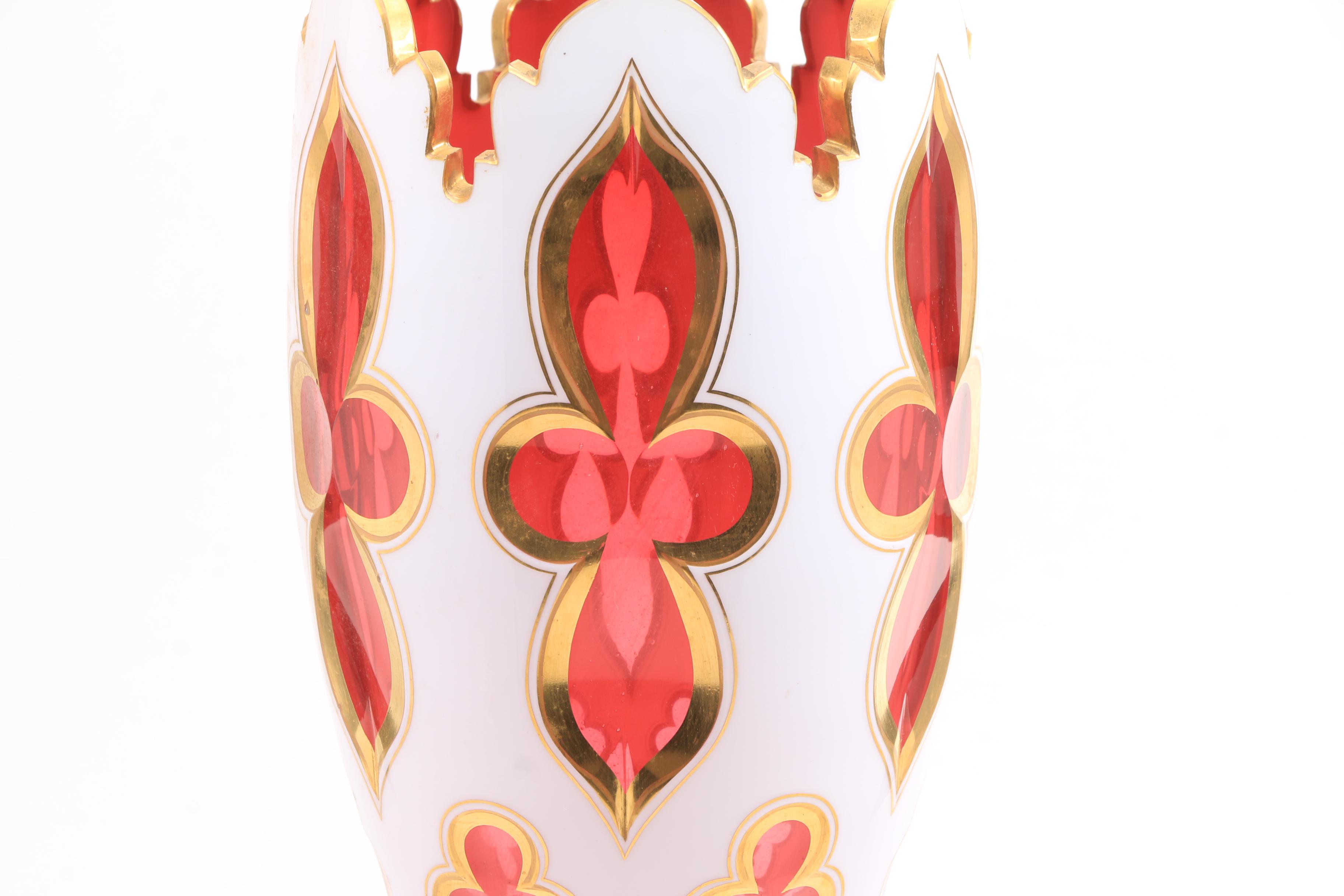 Bohemian Glass White Cut to Cranberry Cased Glass Vase