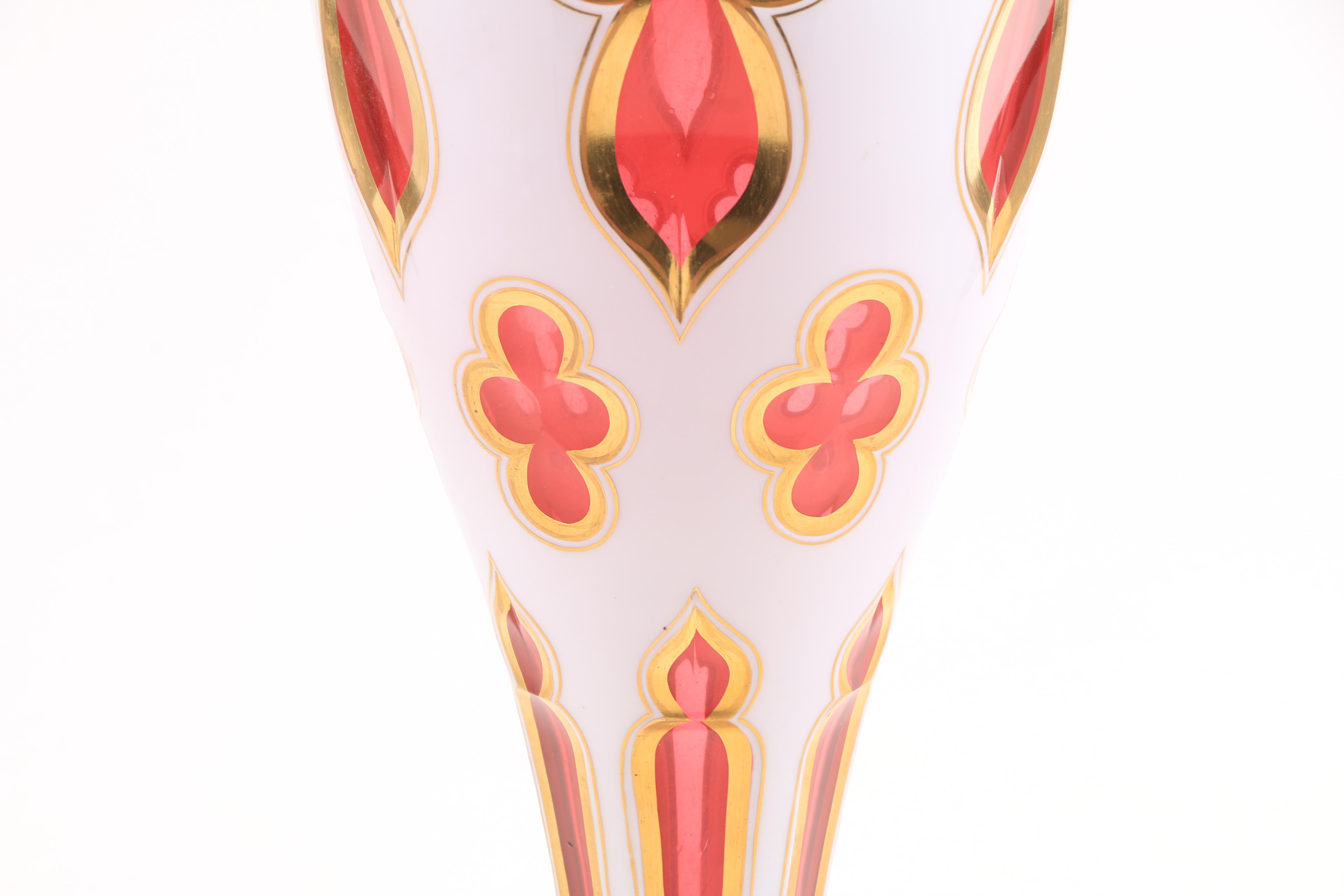 Bohemian Glass White Cut to Cranberry Cased Glass Vase