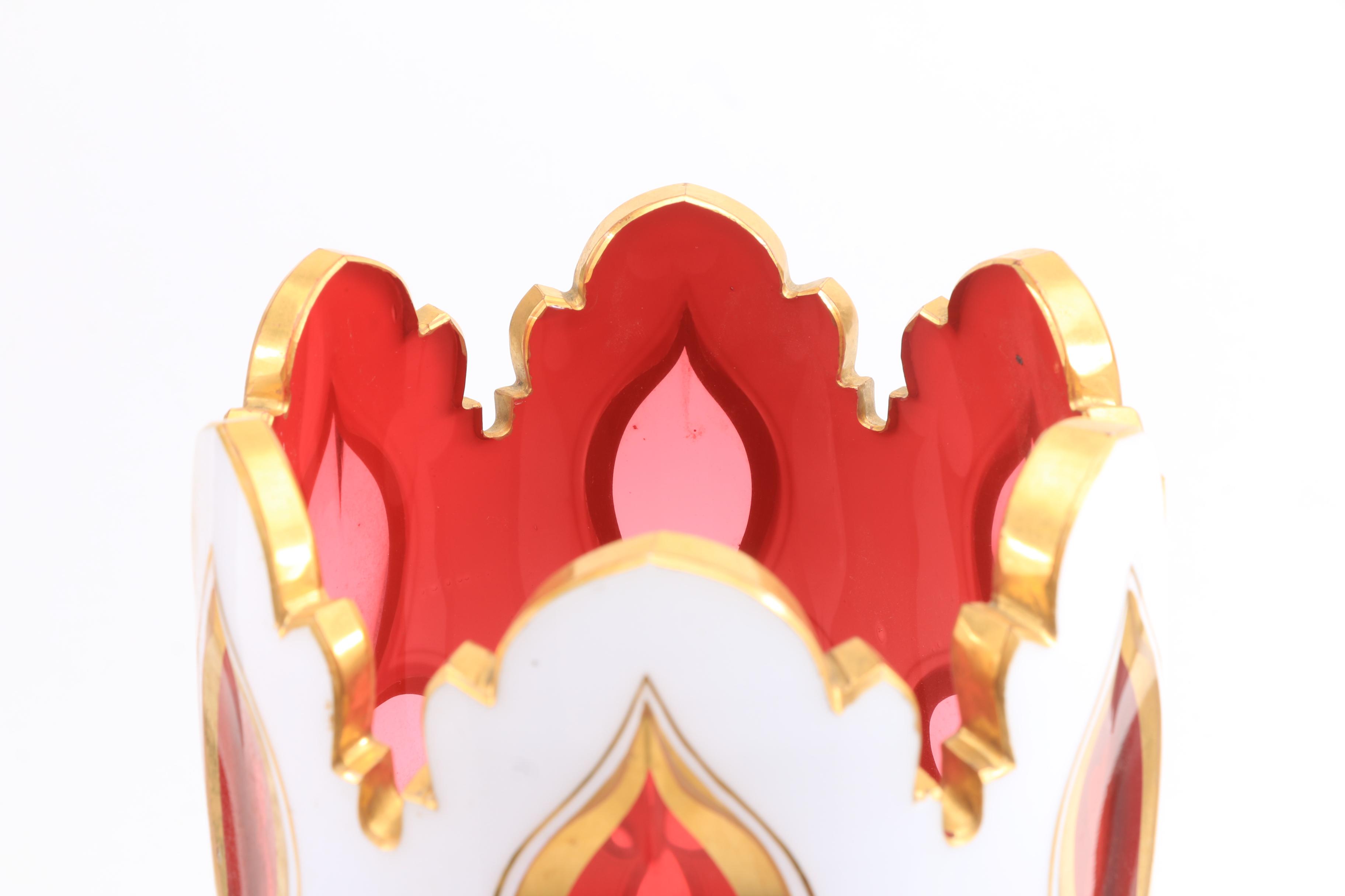 Bohemian Glass White Cut to Cranberry Cased Glass Vase