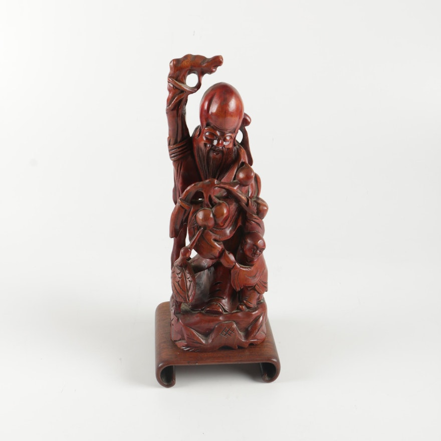 Chinese Carved Wood God of Longevity Figurine