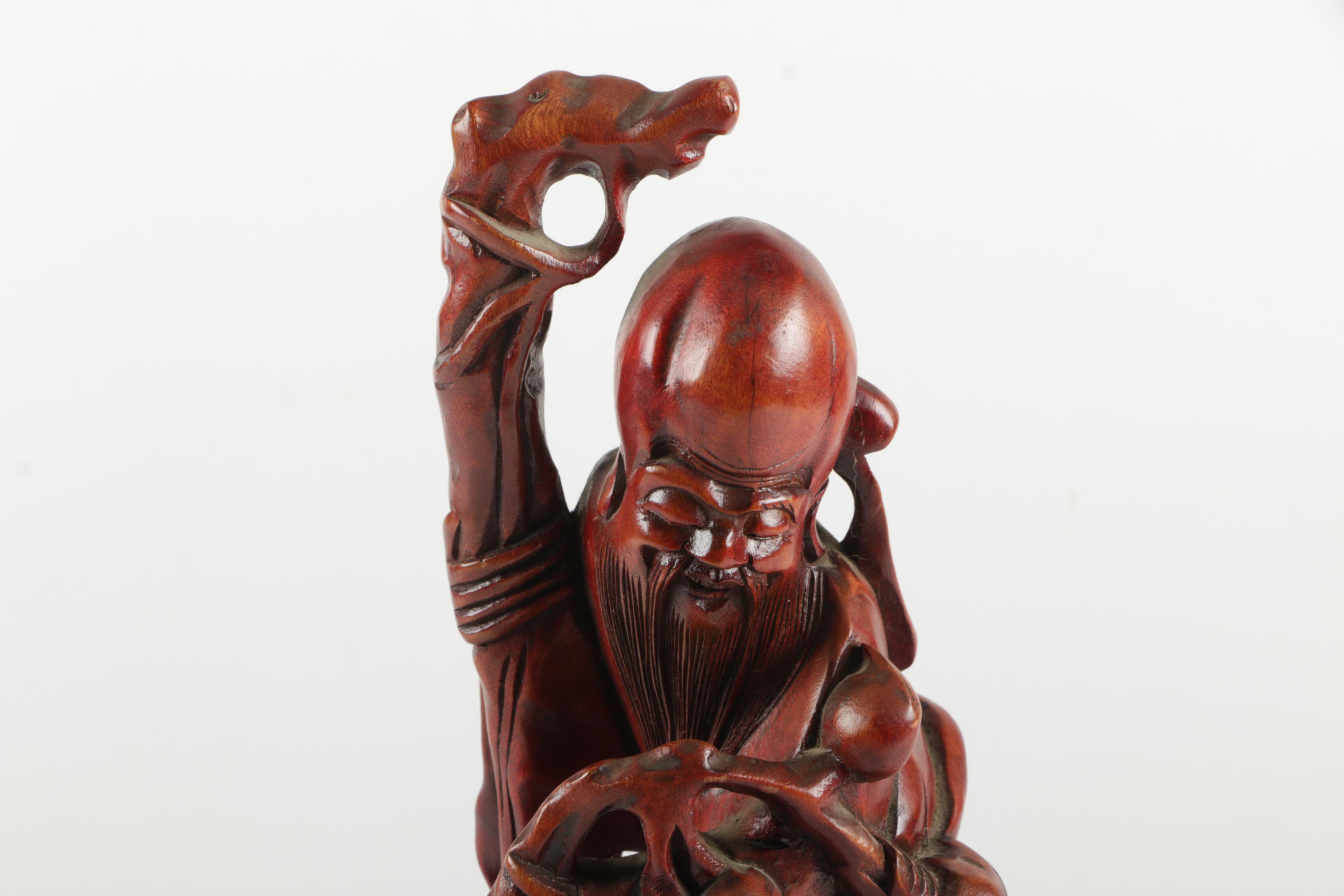 Chinese Carved Wood God of Longevity Figurine