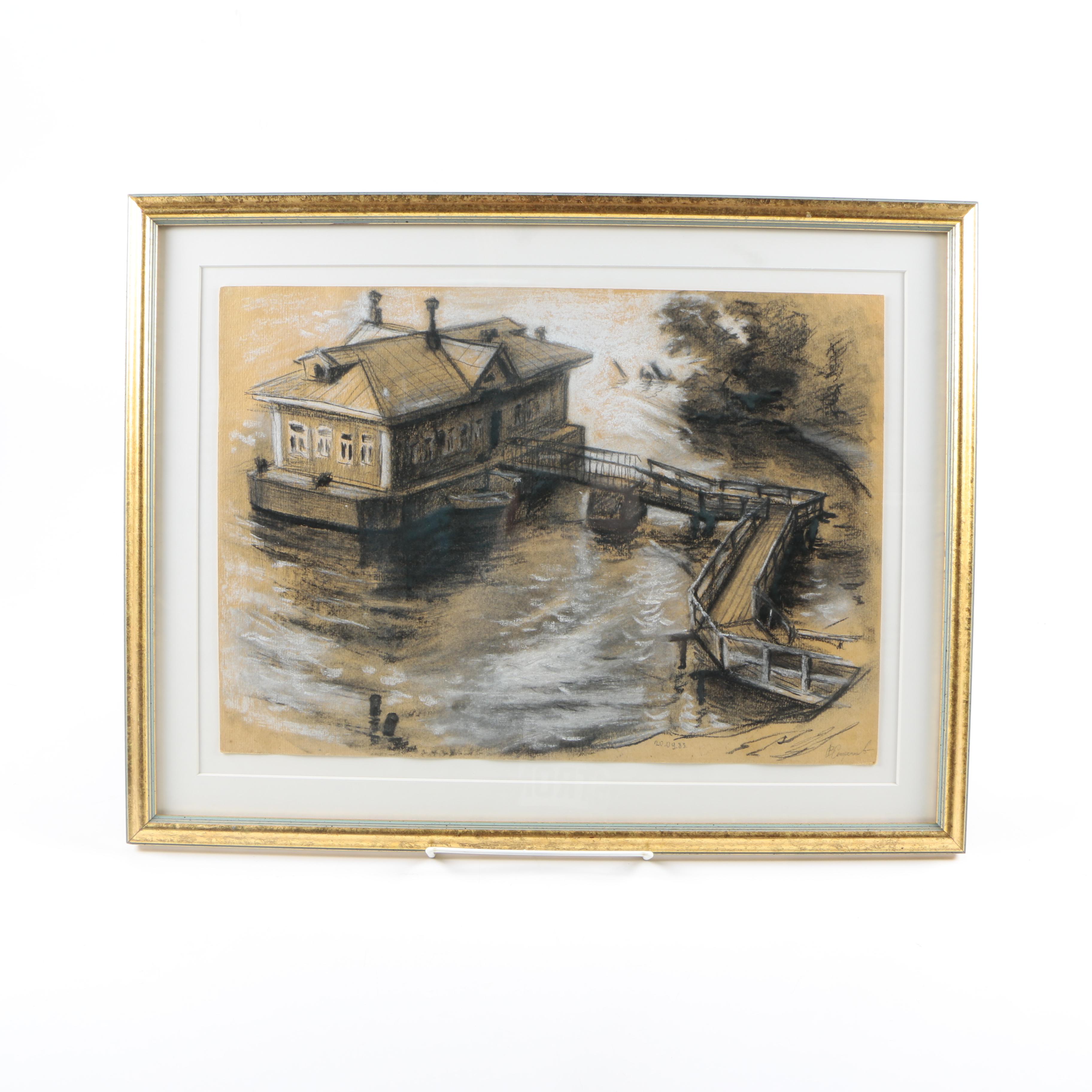 Conte Crayon Drawing on Tan Paper of Coastal House