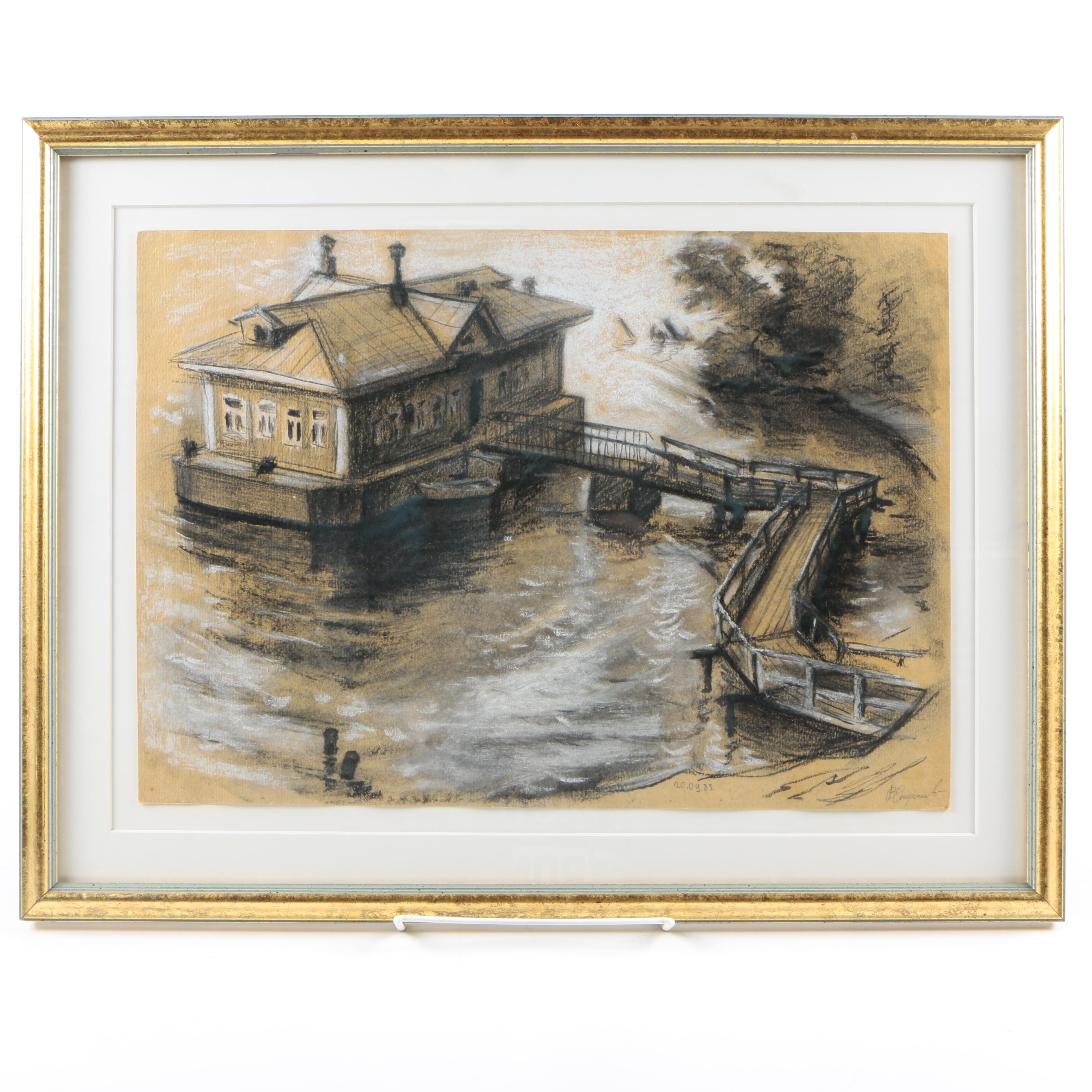 Conte Crayon Drawing on Tan Paper of Coastal House