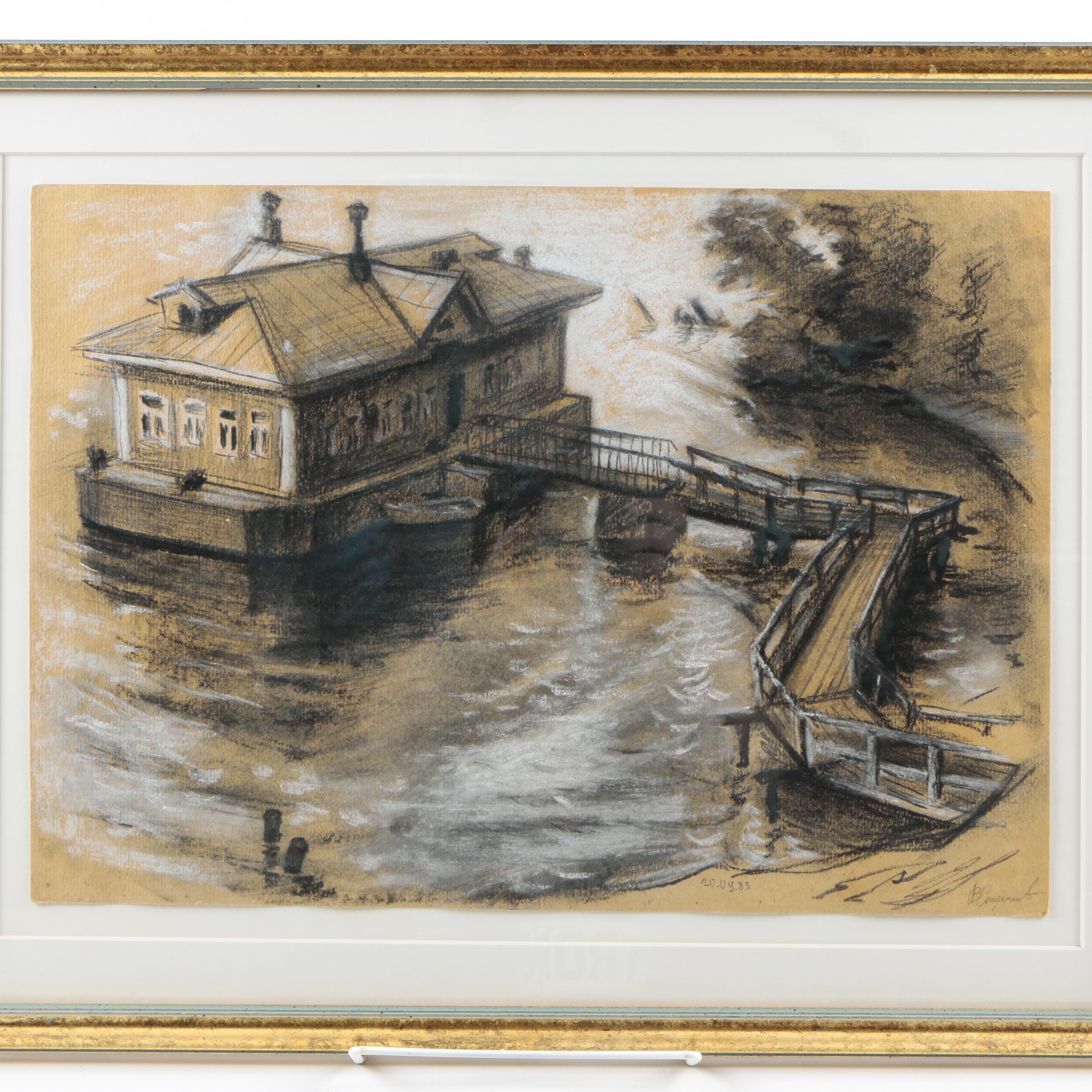 Conte Crayon Drawing on Tan Paper of Coastal House