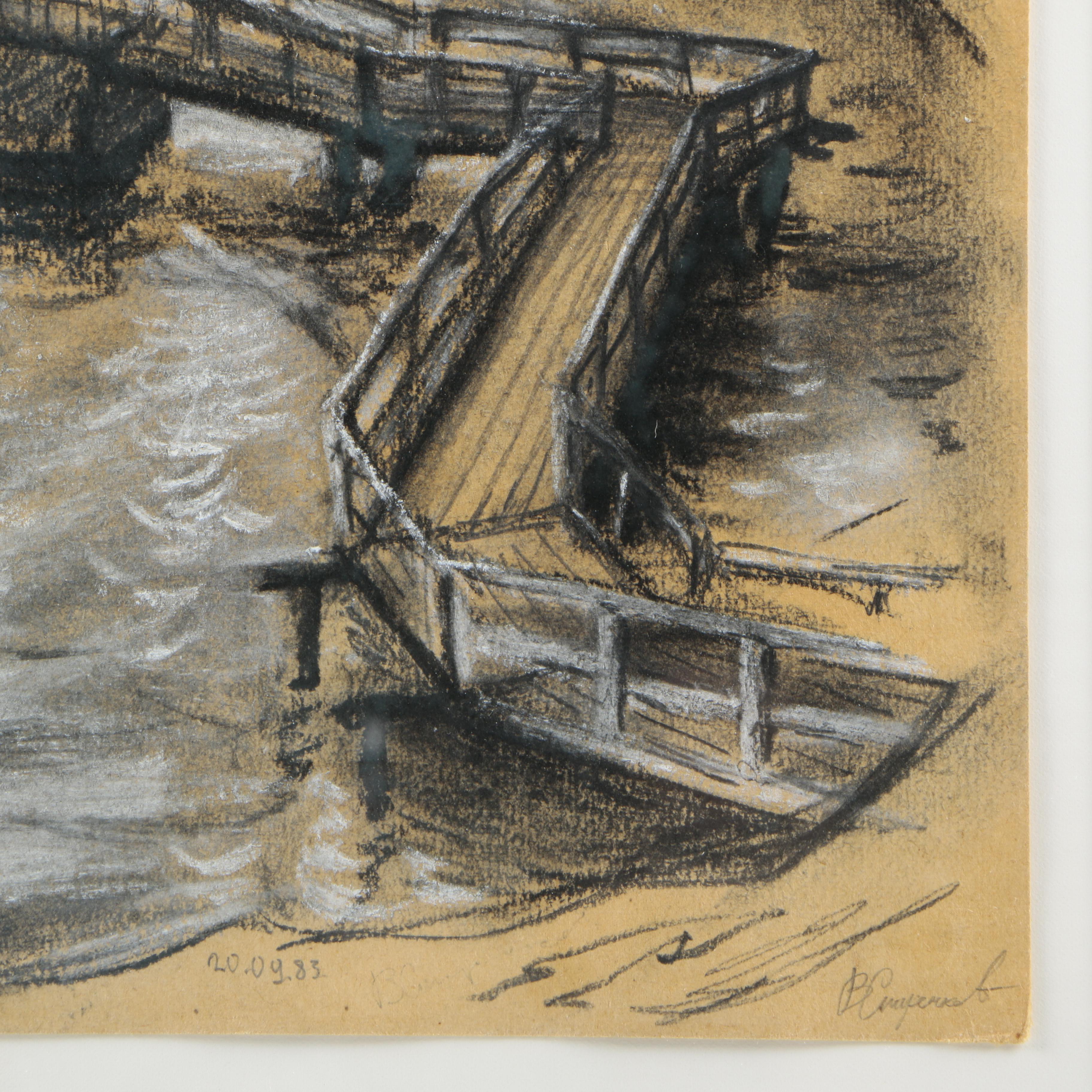 Conte Crayon Drawing on Tan Paper of Coastal House