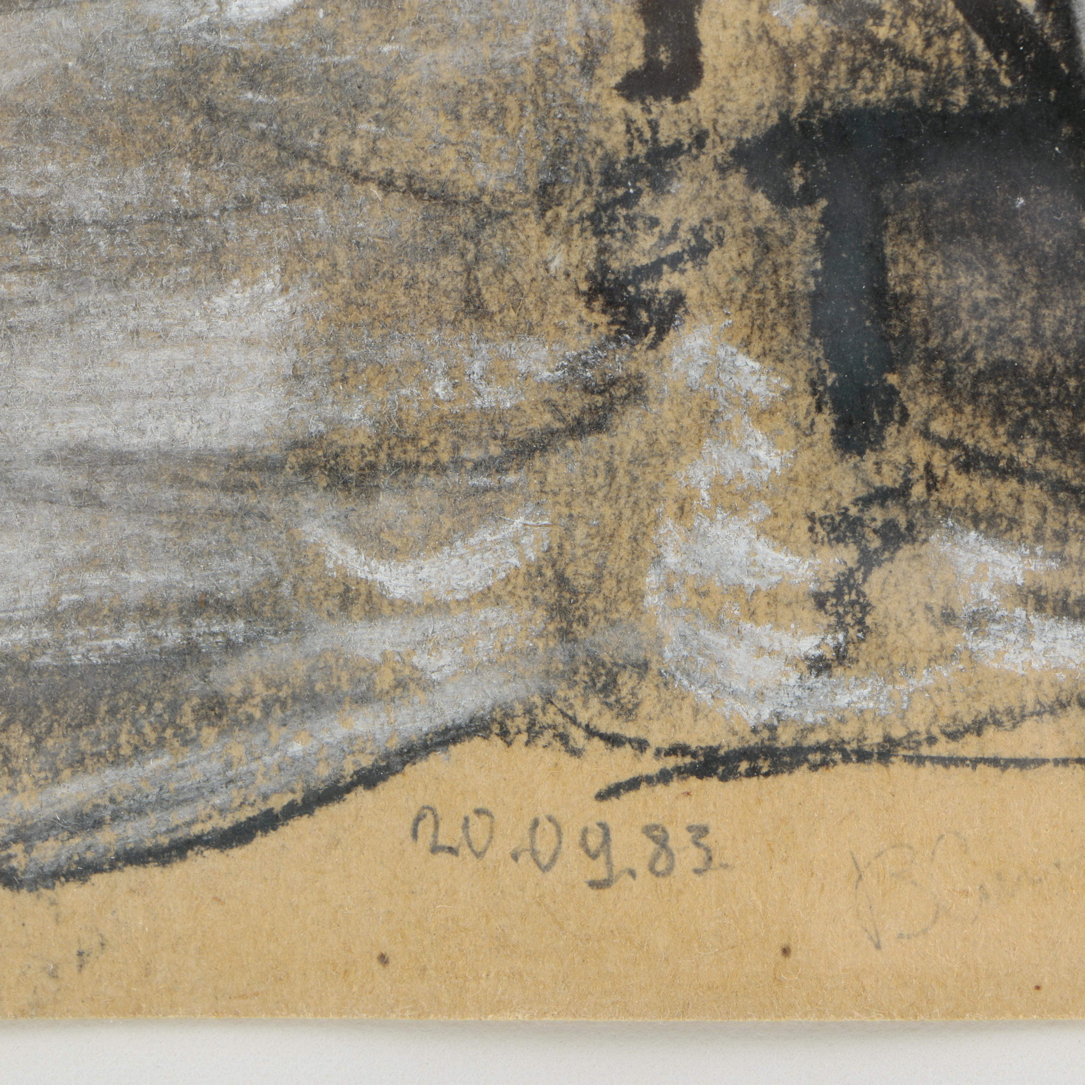 Conte Crayon Drawing on Tan Paper of Coastal House